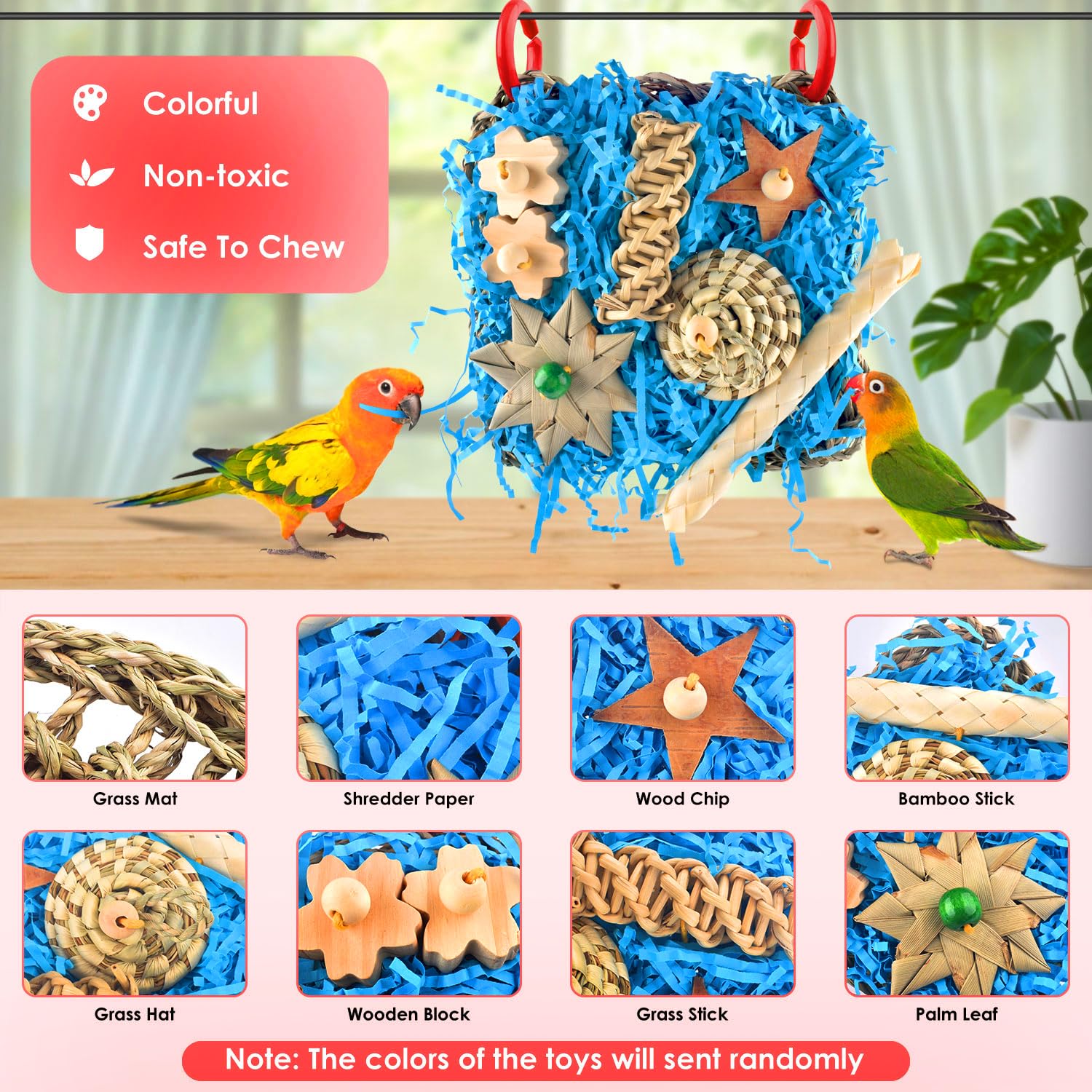Katumo Conure Toys, Bird Foraging Toys Parakeet Shredding Grass Mat Hanging Toys For Cockatiel Conure Lovebird Parakeet Bird Cag