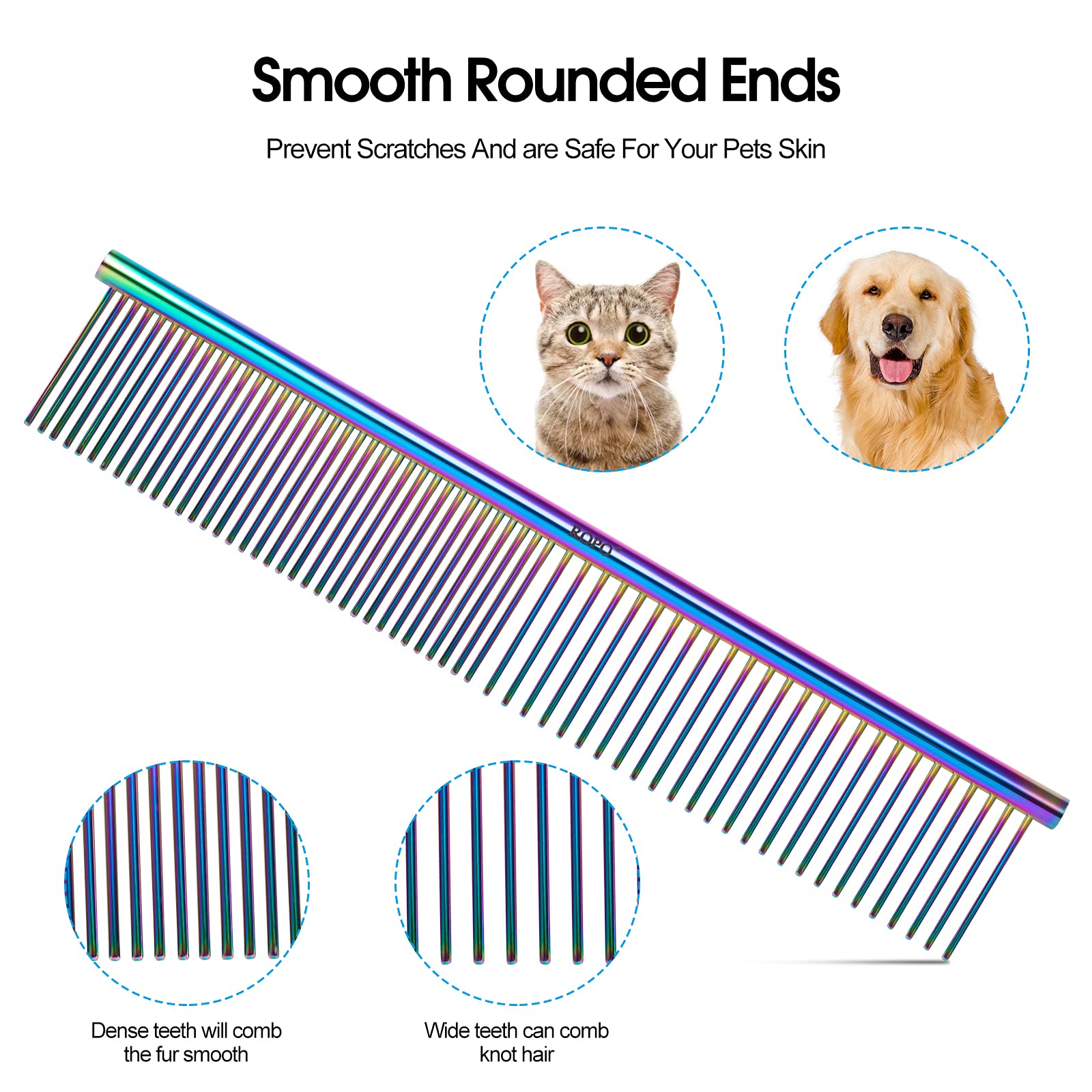 Ropo Dog Comb For Removing Matted Fur - Pet Dematting Comb With Rounded Teeth And Non-Slip Grip Handle - Prevents Knots And Mats