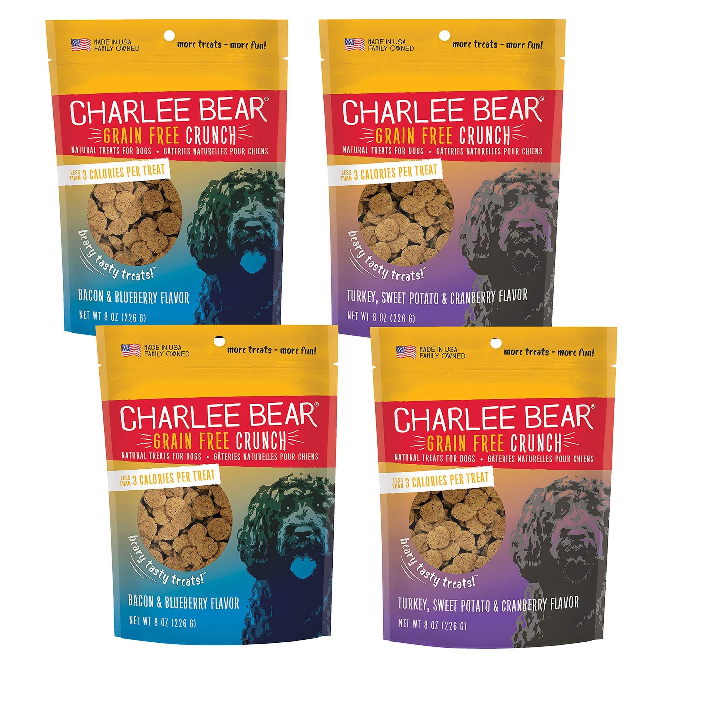 Charlee Bear Grain Free Bear Crunch Dog Treats 2 Flavor Variety Bundle: (2) Bacon & Blueberry Flavor and (2) Turkey, Sweet Potat