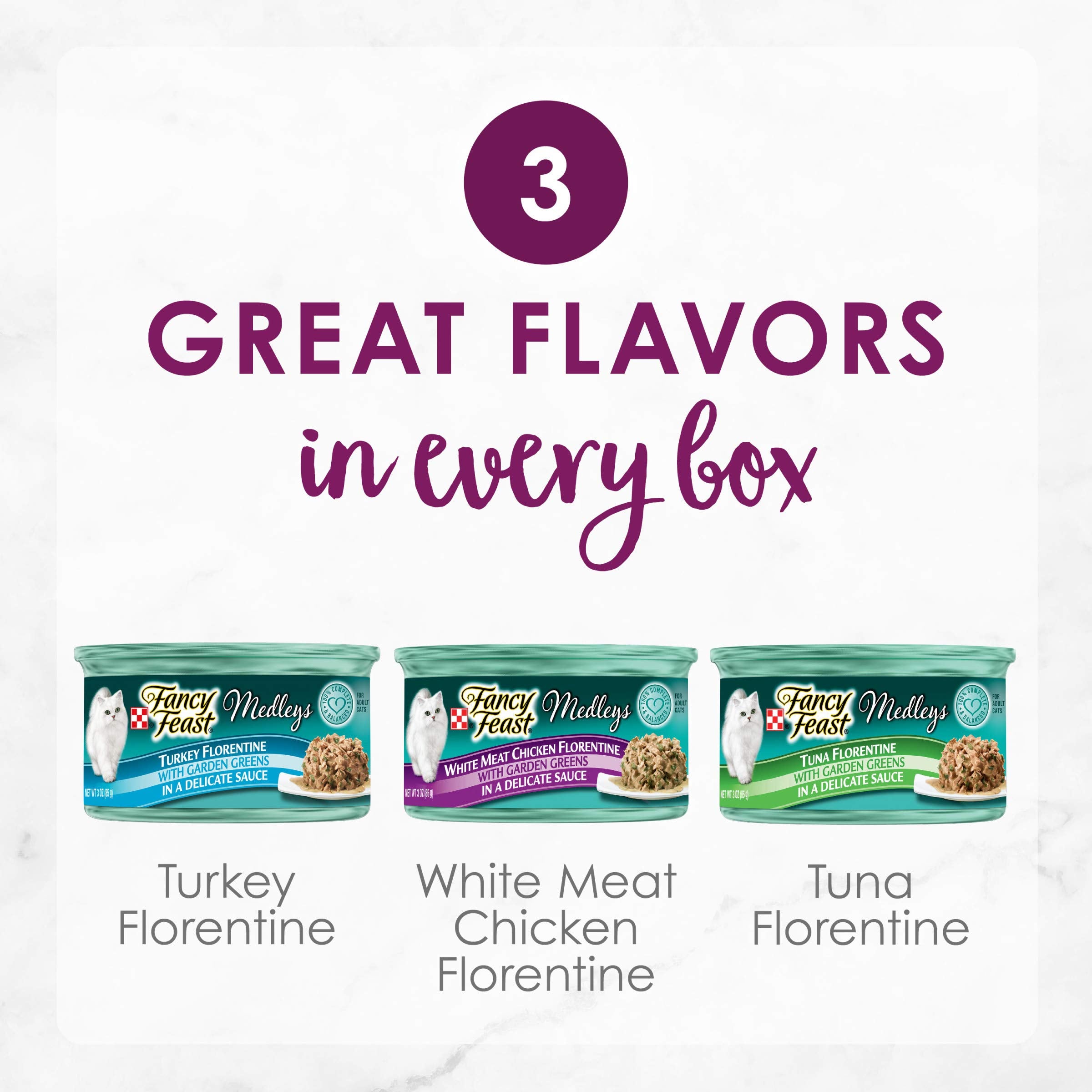 Purina Fancy Feast Gravy Wet Cat Food Medleys Florentine - 24 Pack of 3 Oz Cans, Chicken, Tuna, Turkey Flavors