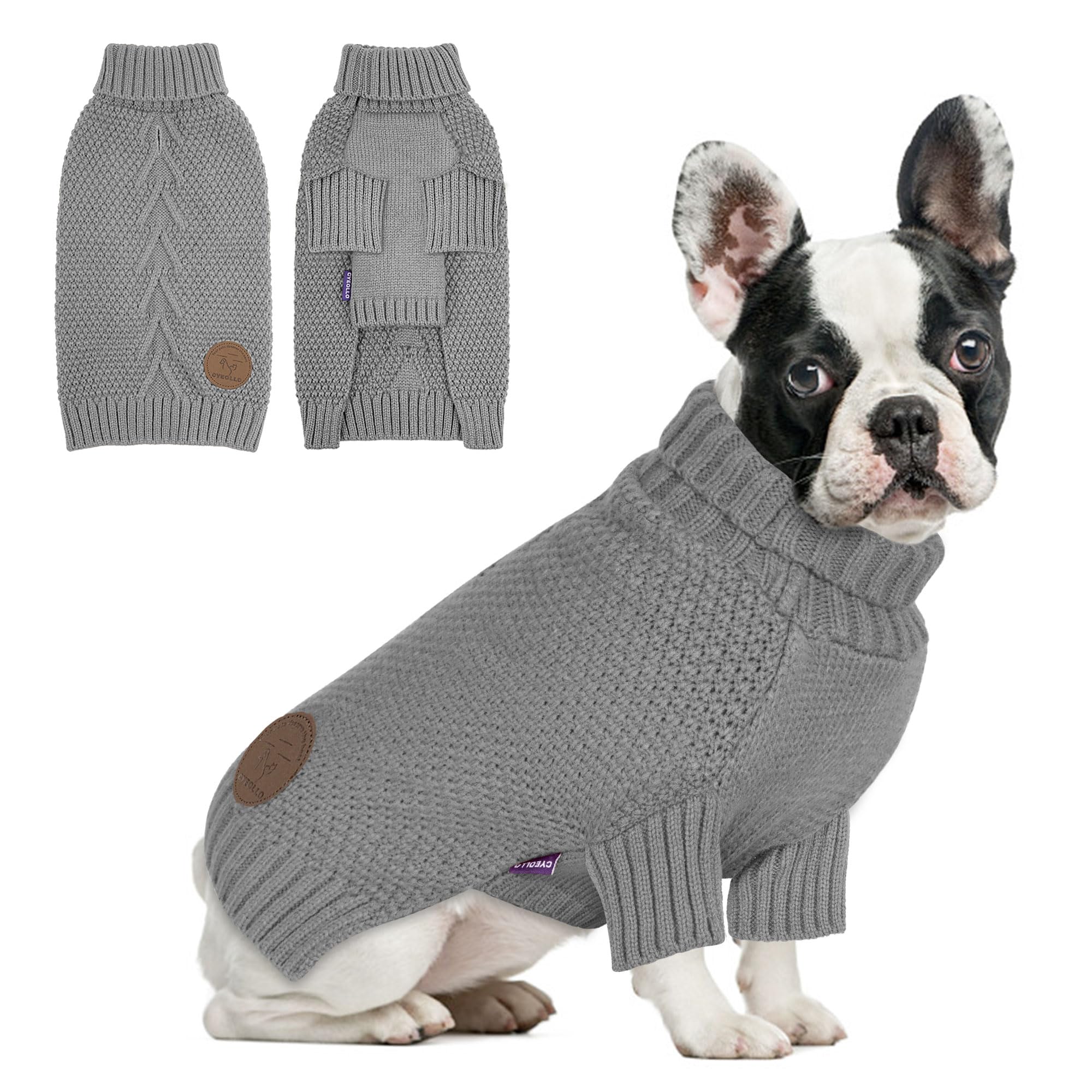 cyeollo Turtleneck Dog Sweater Knitted Cable Sweaters with Leash Hole Winter Pet Clothes Pet Small Dog Sweaters, Grey XL