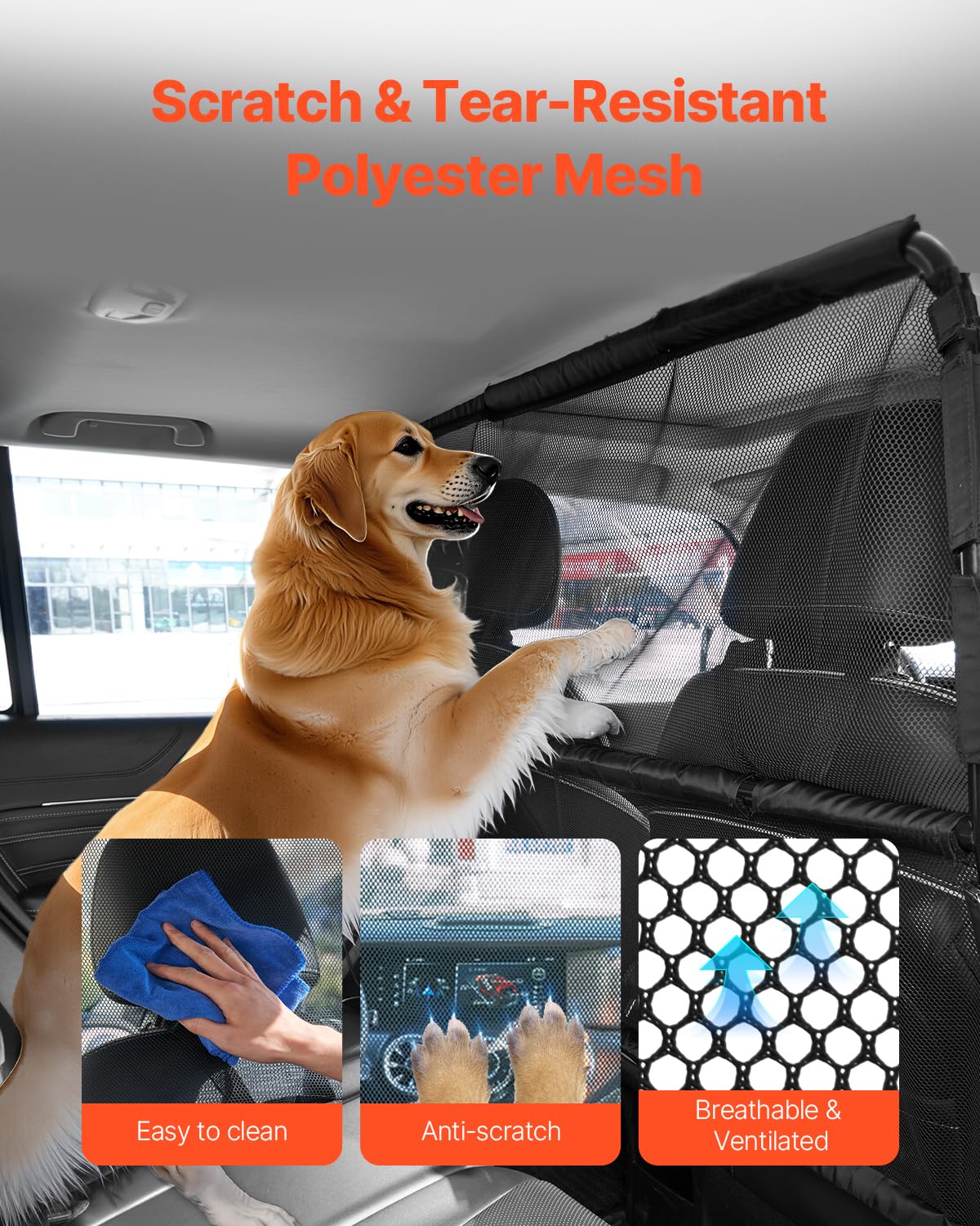 VEVOR Dog Car Barrier, 50'' Wide Car Divider for Front Seats Installation, Vehicle Pet Barrier with See Through Net Mesh, Univer