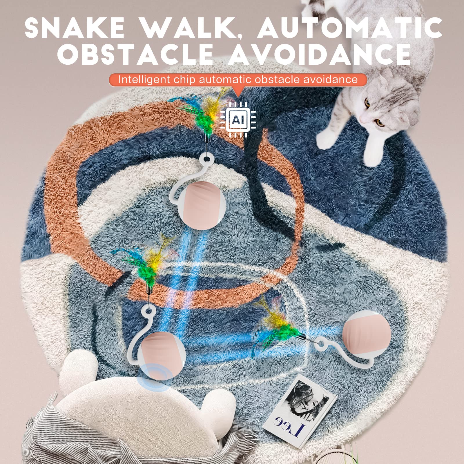 Aaa Amusang Interactive Cat Ball Toy And Feather Toys Refills For Indoor Cats, Automatic Cat Enrichment Toys - Pink