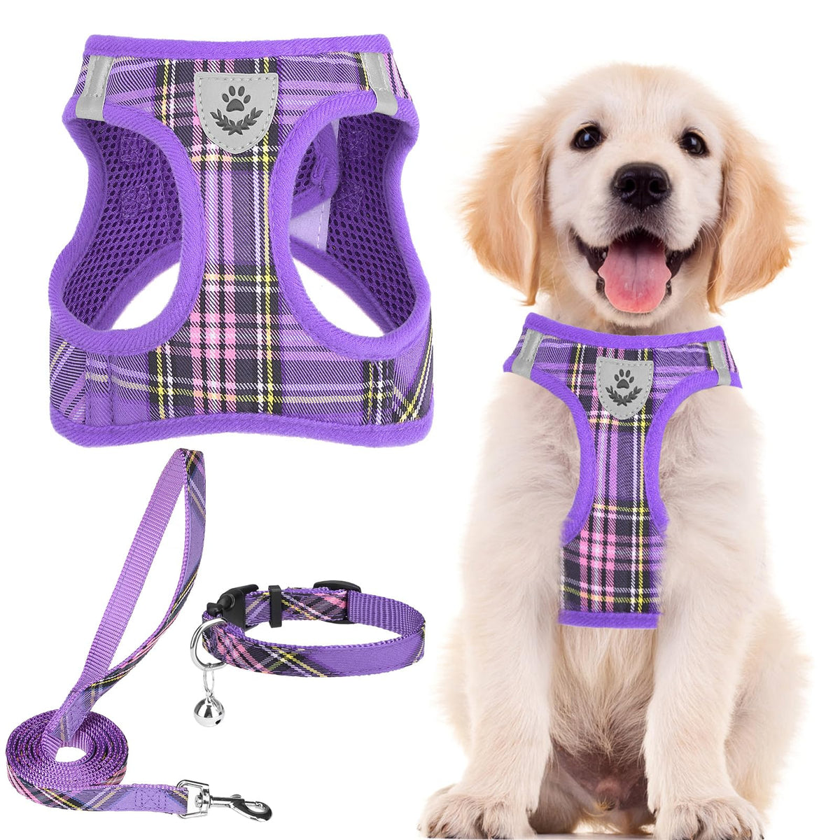 Pupteck Adjustable Dog Harness Collar And Leash Set Step In No Pull Pet Harness For Small Medium Dogs Puppy And Cats Outdoor Walking Running, Soft Mesh Padded Reflective Vest Harnesses, Purple L