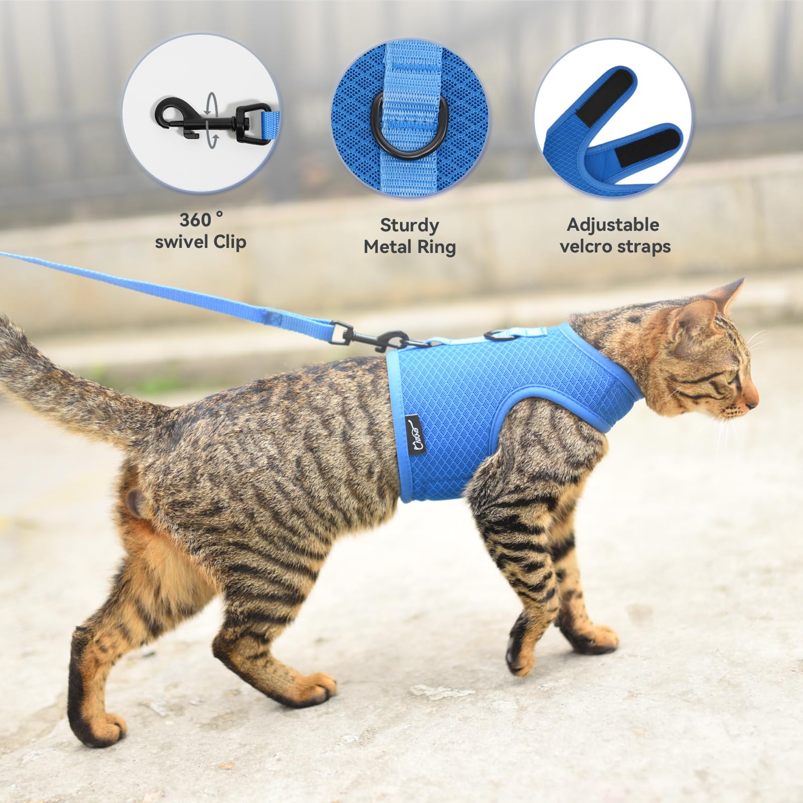 Cat Harness And Leash For Walking Escape Proof Breathable Mesh Fabric, Solid Blue, Large, Adjustable Cat Walking Jackets, Padded
