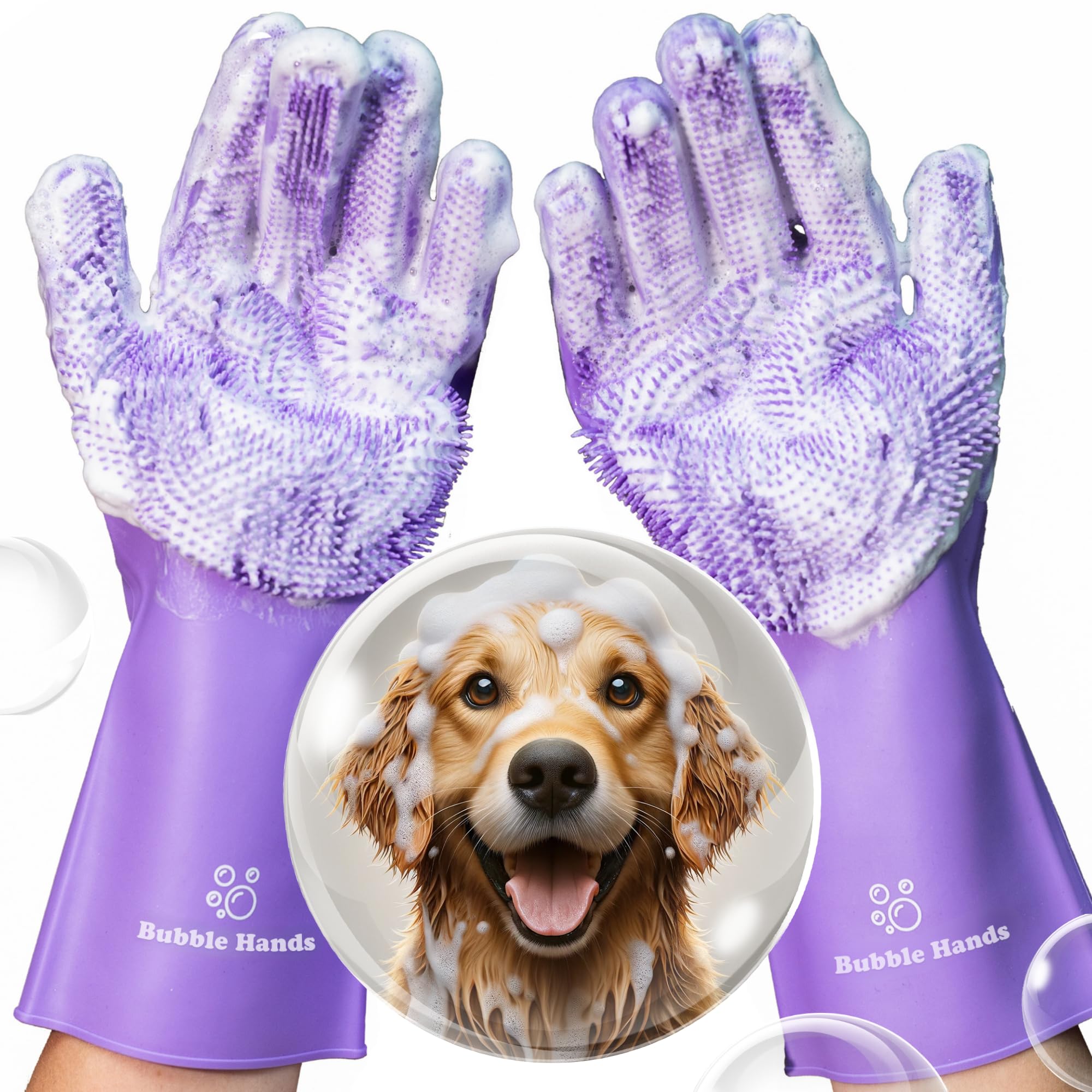 Bubble Hands Dog Washing Gloves With Bristle Scrubbers, Reusable Silicone Gloves Ideal For Pet Bathing, Massaging & Grooming (Pu