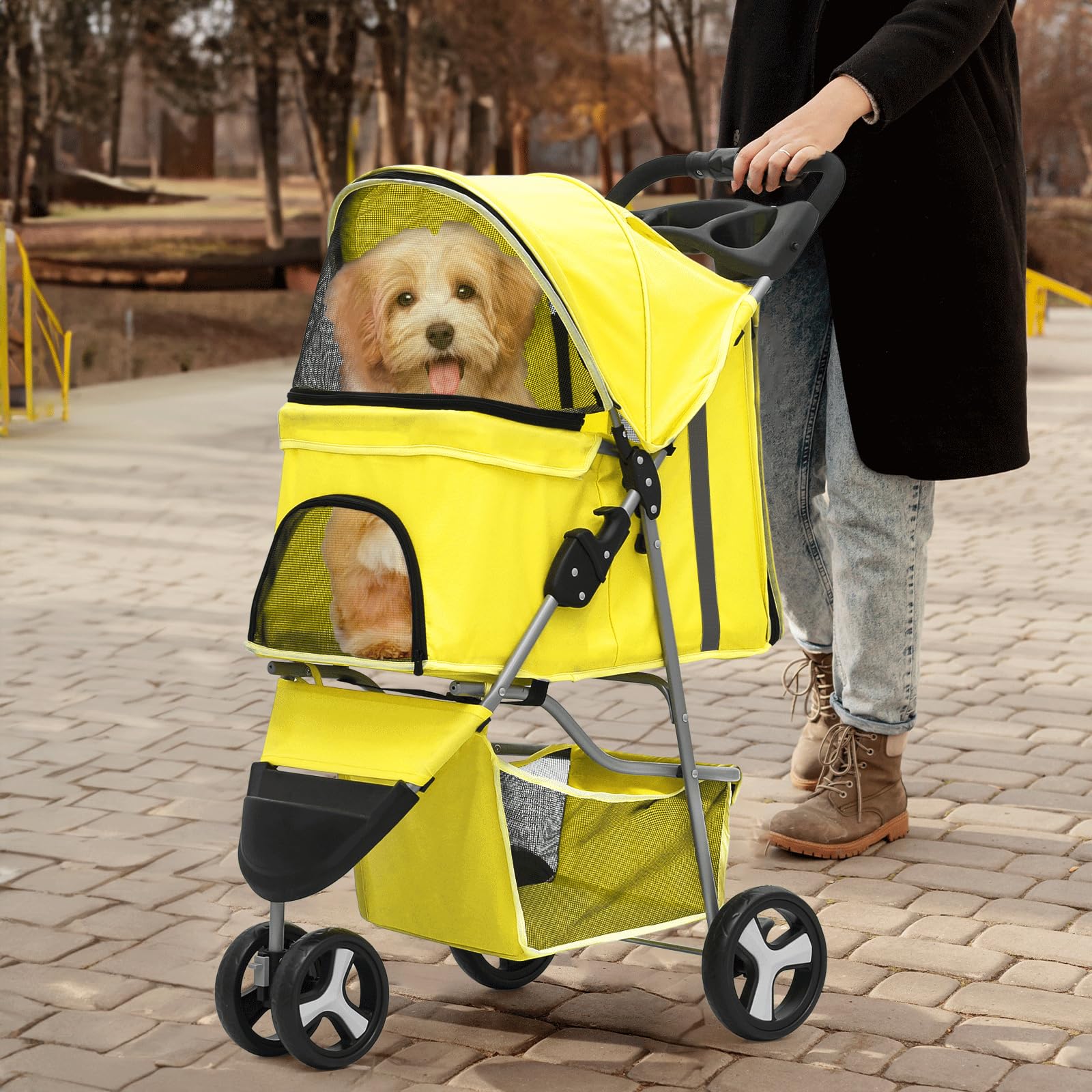 Monibloom Foldable Pet Stroller With Waterproof Cover, 3-Wheels Dog Strolling Cart For Small/Medium Dogs And Cats With Storage Basket And Cup Holder, Breathable And Visible Mesh For All-Season, Yellow