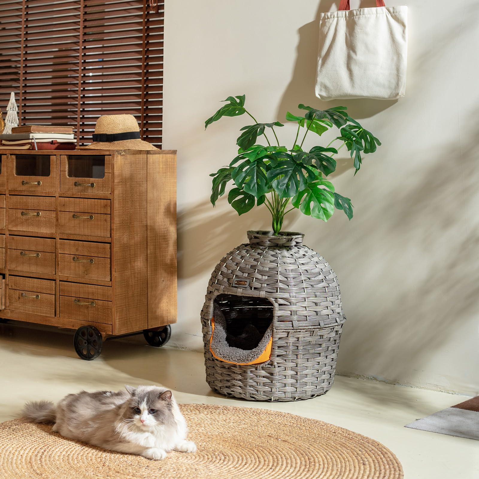 KUREEISE Hidden Litter Box Furniture with Artificial Plants, Handwoven Rattan Cat House with Enclosed Litter Box(Gray)