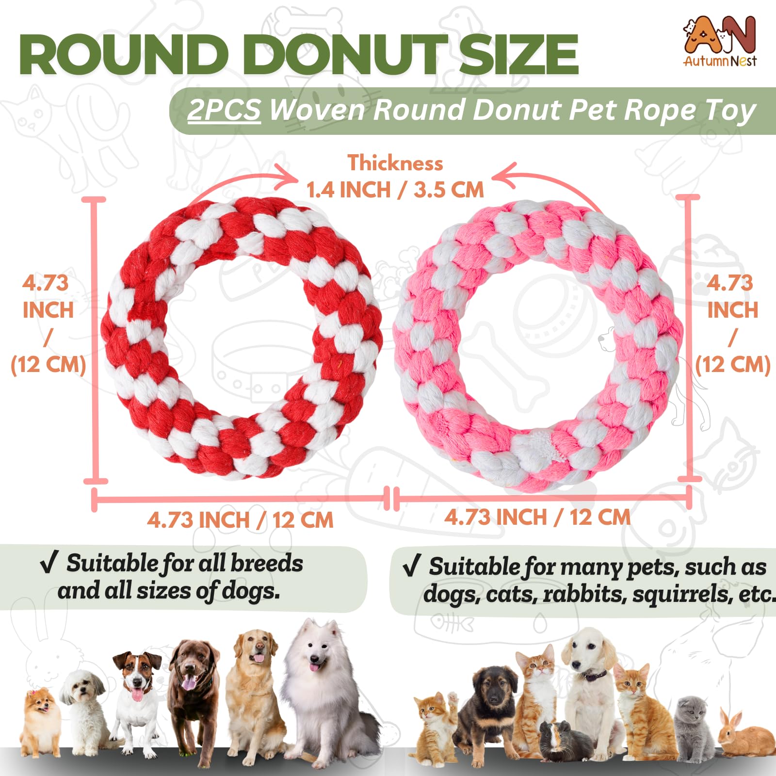 Autumnnest Woven Round Donut Pet Rope Toys Set, 2-Pack (Red & Pink) 4.8-Inch Durable Cotton Pet Chew Toys For Dogs & Cats, Heavy