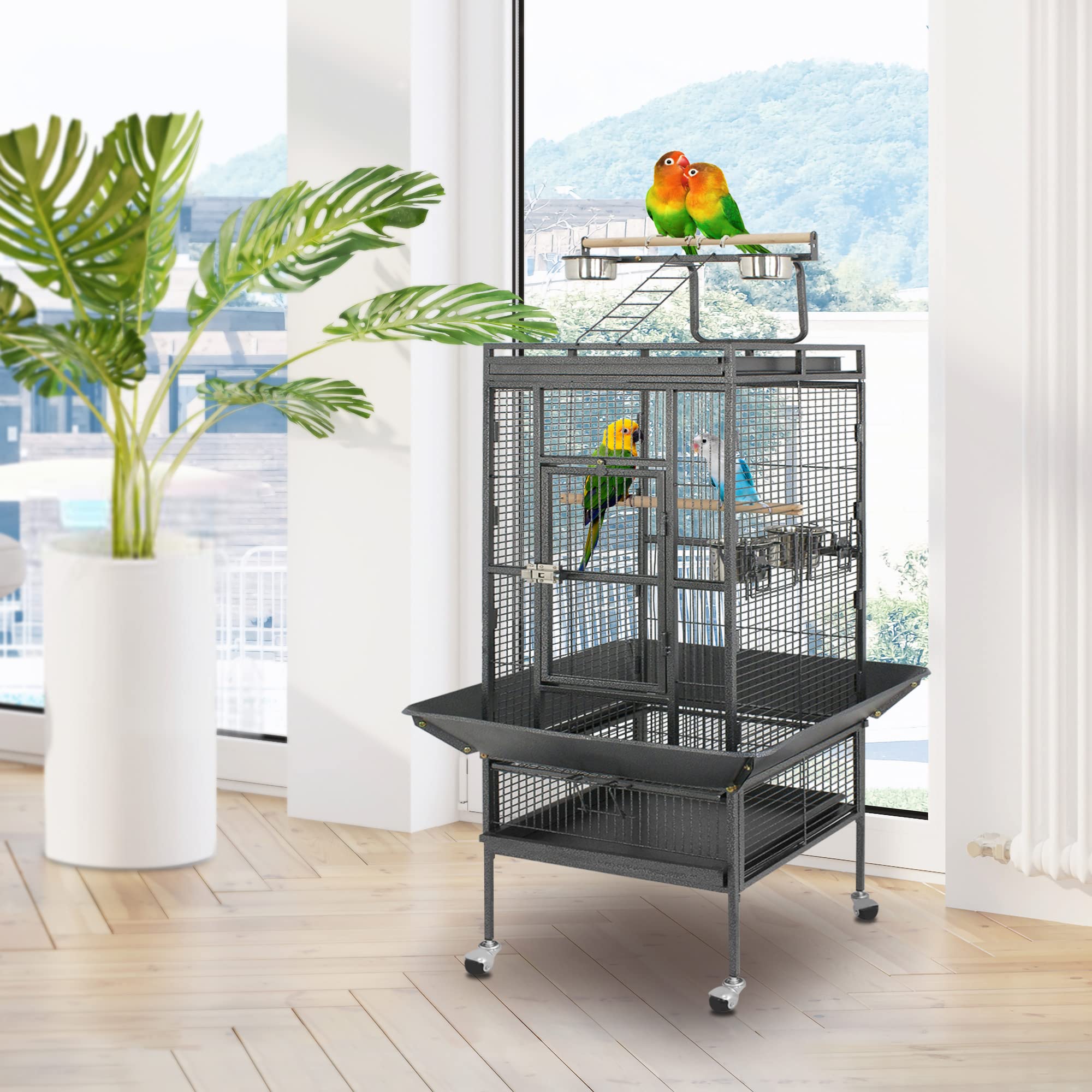 Super Deal Pro 61-Inch 2In1 Large Bird Cage With Rolling Stand Playtop Parrot Chinchilla Finch Cage Macaw Conure Cockatiel Cockatoo Pet House Wrought Iron Birdcage, Black
