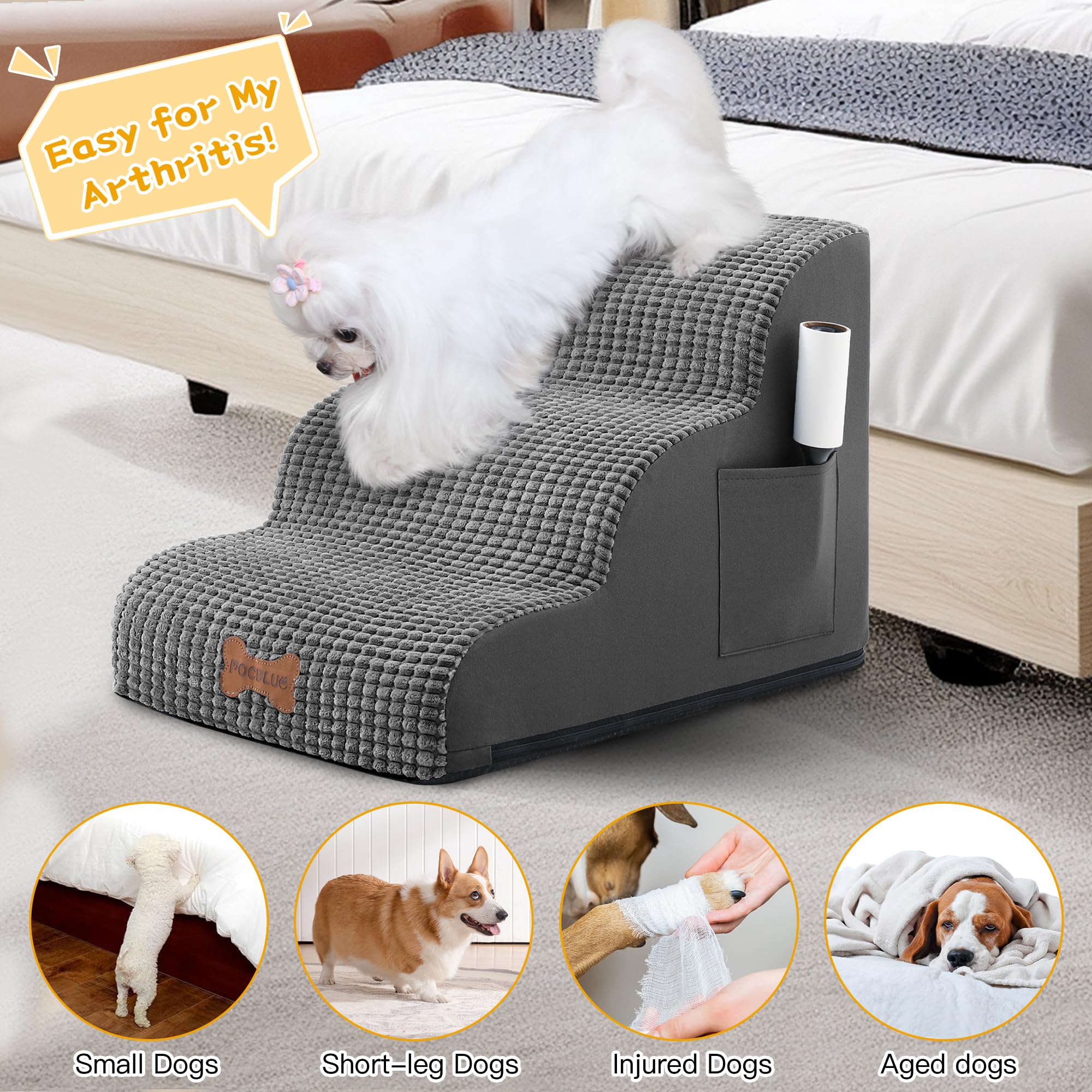 Dog Stairs For Small Dogs, Wide Pet Step With Removable Cover, No Assembly High Density Foam Cat Ramp For Bed Or Sofa, 3-Step, D