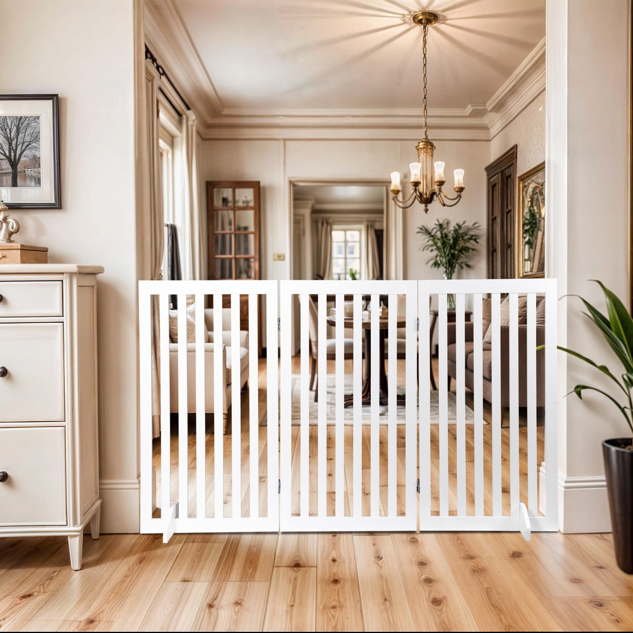 Freestanding Pet Dog Gate 36 Inch Foldable Fence Indoor 3 Panel Extra Wide Wooden Dog Door For Stairs Hallways Doorways