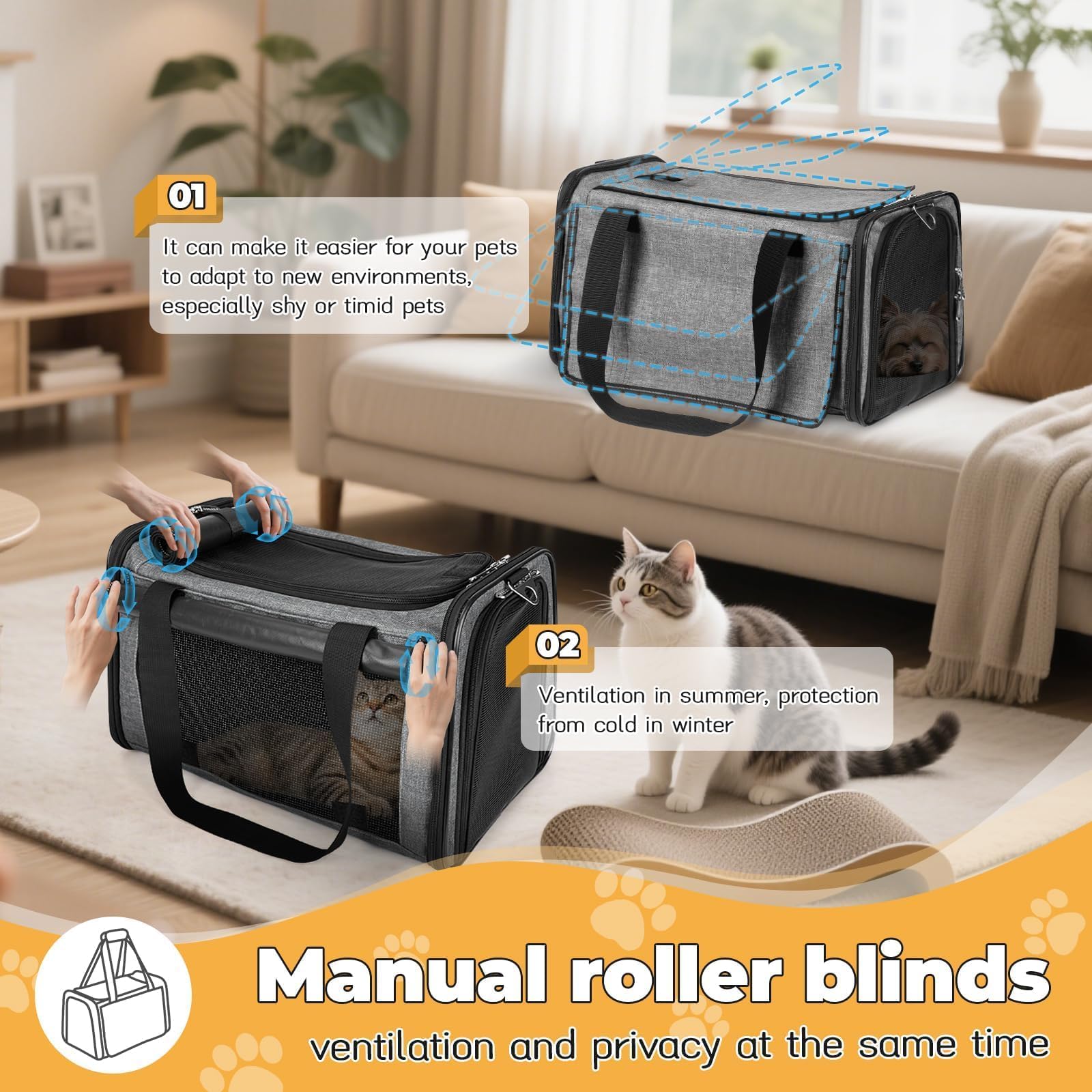 Yudodo 25 Lbs Lightproof Pet Carriers Airline Approved Dog Cat Travel Soft Sided Carrier Reflective Mesh Safe Pet Cat Carrier Foldable Portable Small Animal Rabbit Puppy Cat Carrier Grey Green