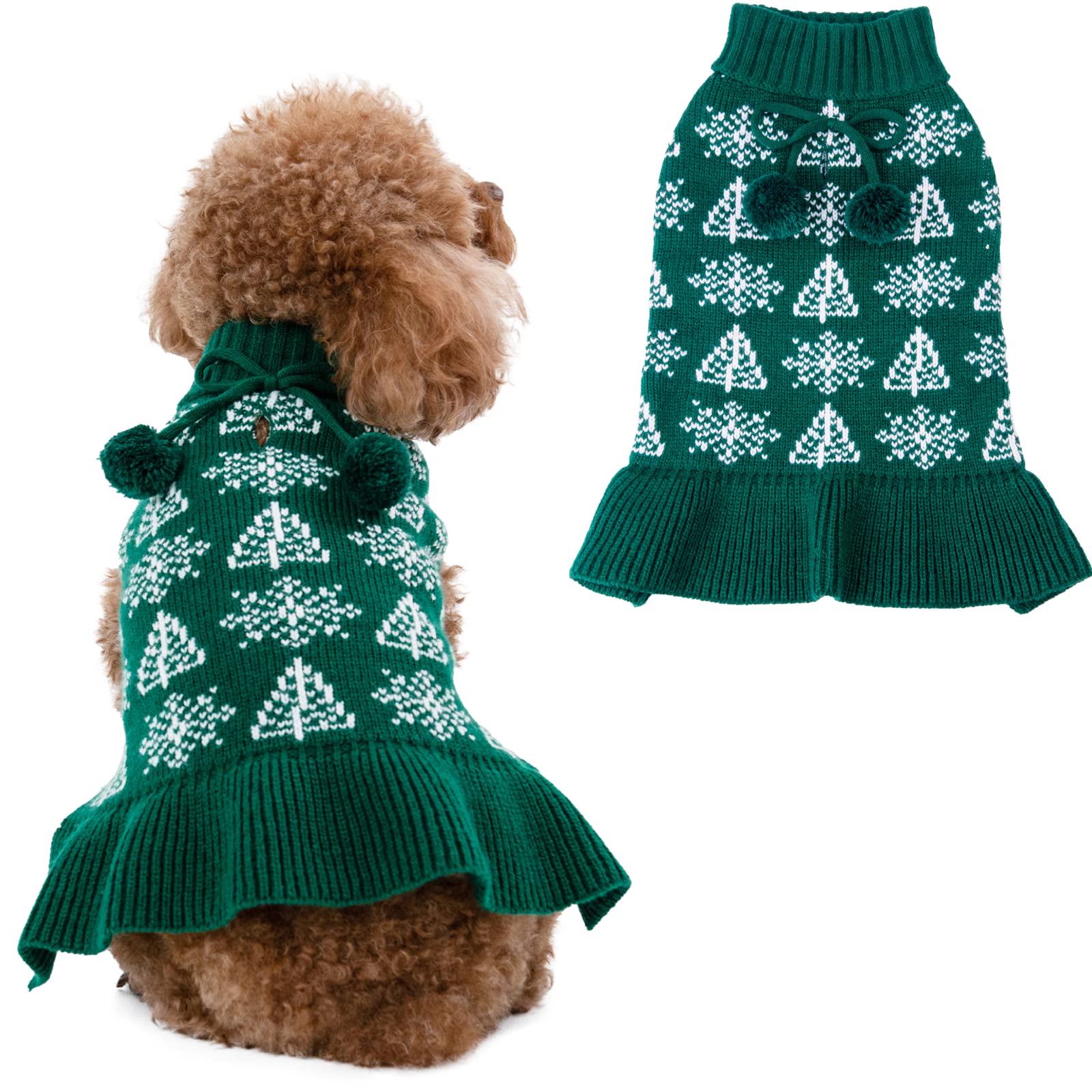 Cutebone Ugly Dog Christmas Sweater Dress Winter Knit Green Turtleneck Puppy Sweater With Craft Pom Pom Ball Pullover Ruffle Dre