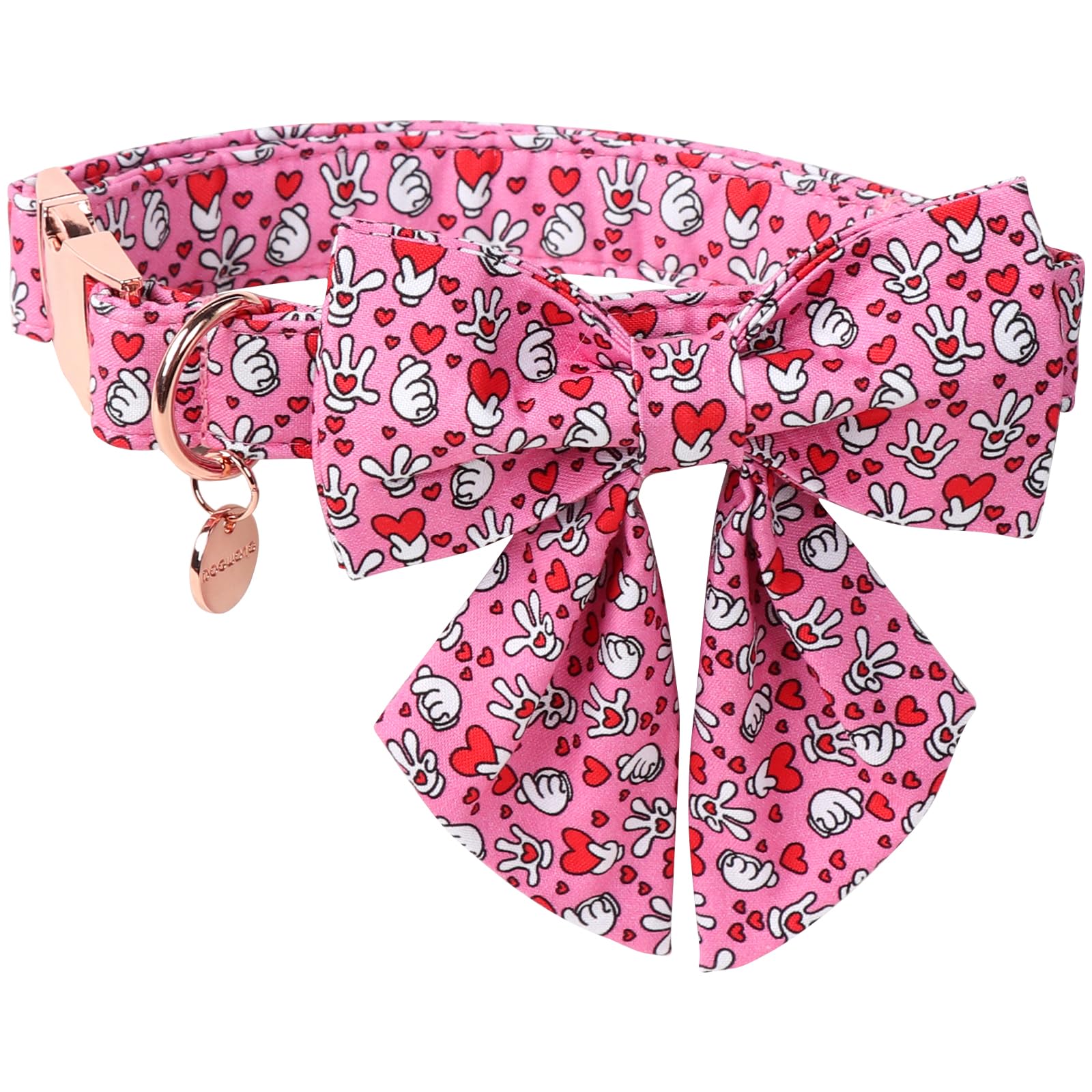 Dogwong Valentine Dog Collar With Bow, Pink Heart, Medium, Cotton, Durable Soft, Perfect Fit, Stylish Bowtie Design