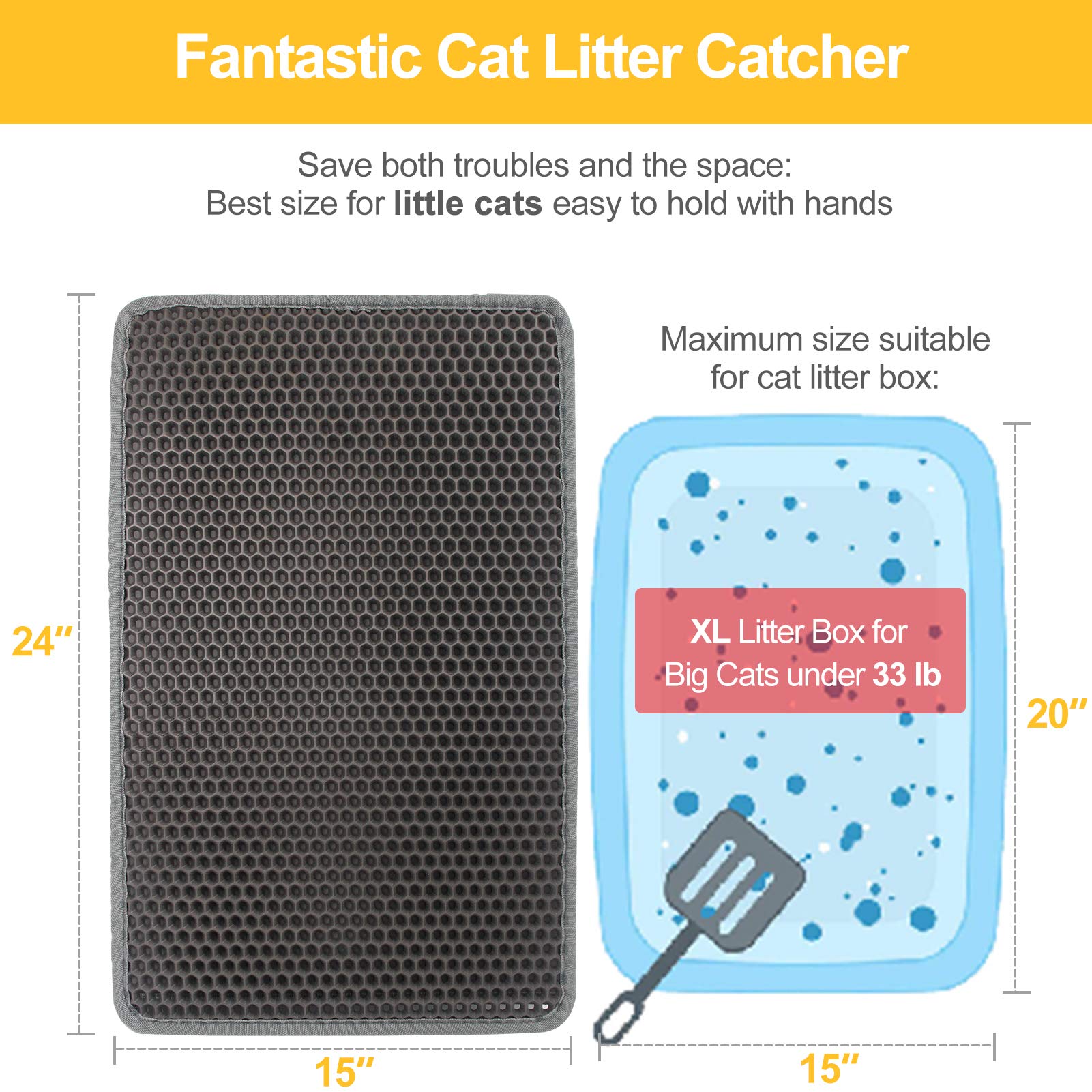 Letoo Cat Litter Mat Grey Trapping For Litter Box, No Slip & Large, Urine & Waterproof, Honeycomb Double Layer Anti Tracking Kitty Mats, No Phthalate, Washable Easy Clean (24' X 15', Grey)