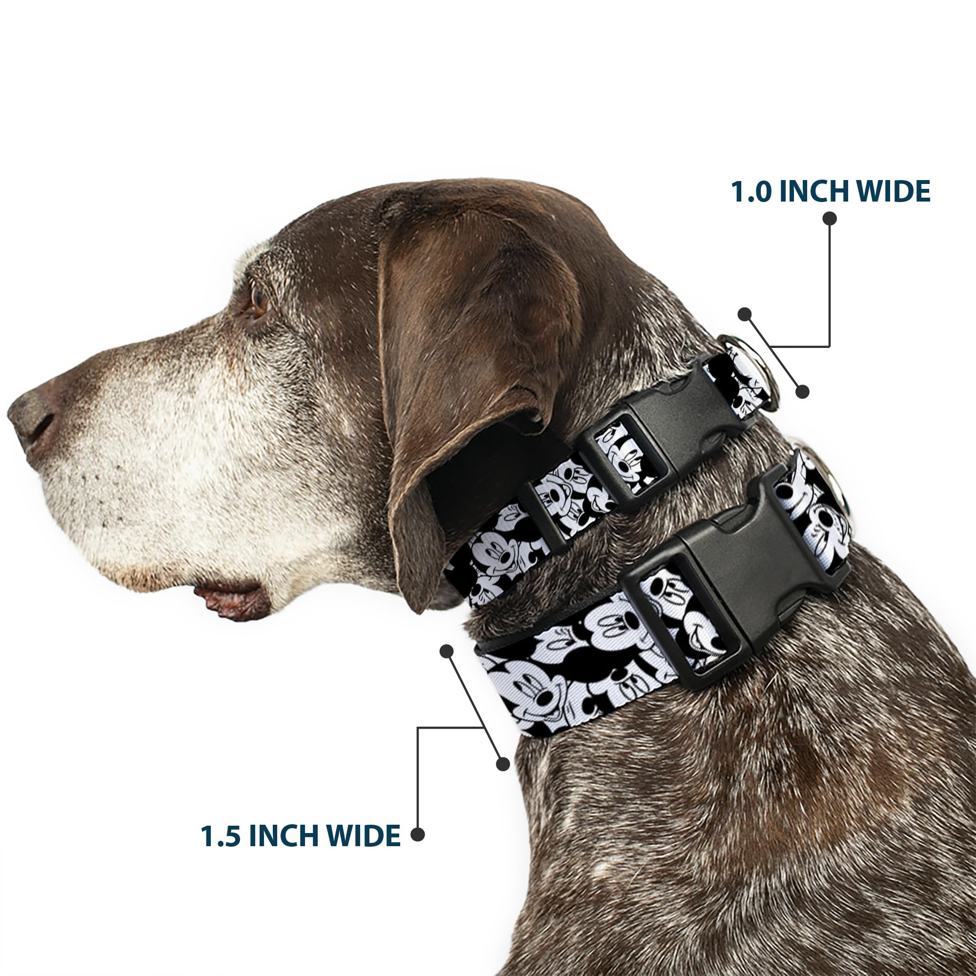 Buckle-Down Plastic Clip Collar - Mickey Mouse Expressions Stacked White/Black - 1'' Wide - Fits 9-15'' Neck - Small