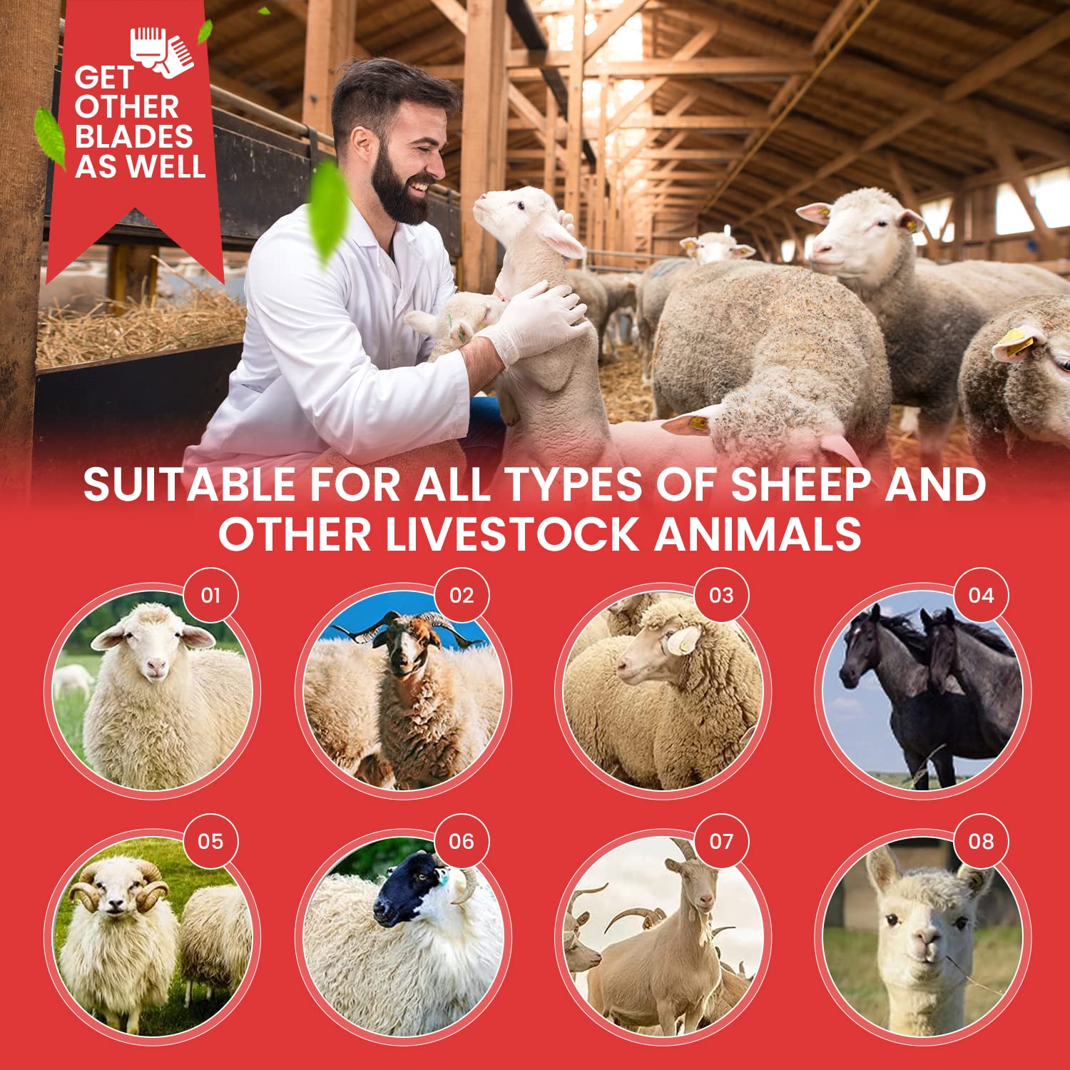 Sheep Shears Pro 110V Heavy Duty Electric Clippers, 500W, 6 Speed, for Sheep, Goats, Cattle, with Grooming Case - Red