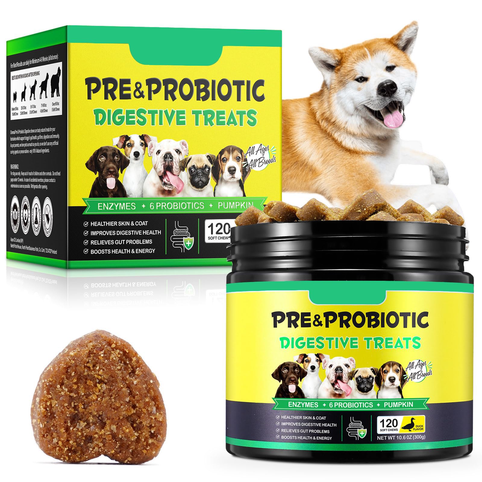 Probiotics for Dogs, 120 Chews Dog Probiotics Treats, Digestive Treats Dogs and Digestive Enzymes, Dog Digestive Health Gut, Imm