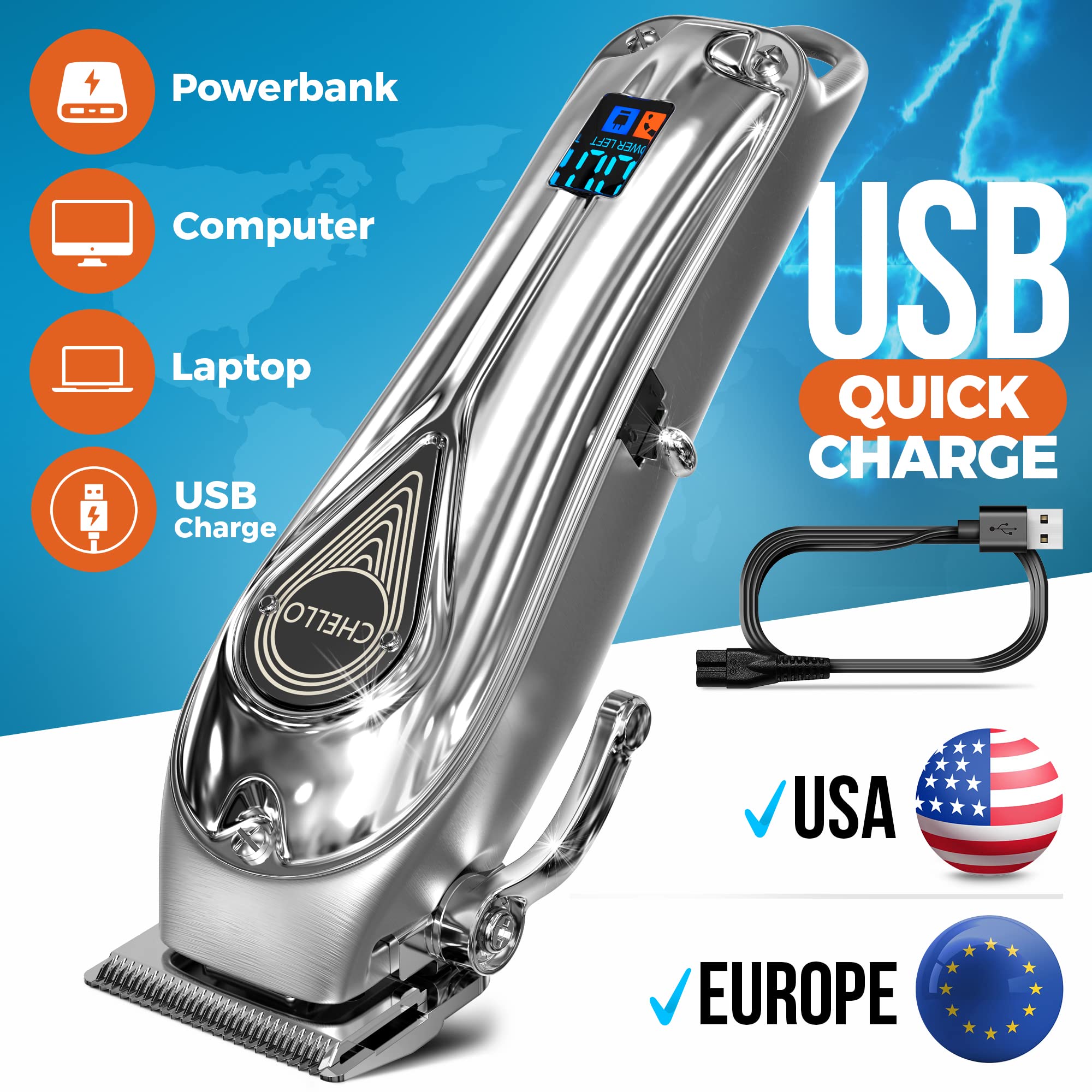 Full Metal Professional Dog Clippers For Grooming, Rechargeable, Low Noise Cordless, Pet Hair Clippers For Large Dogs, Heavy Duty Use With Led Display