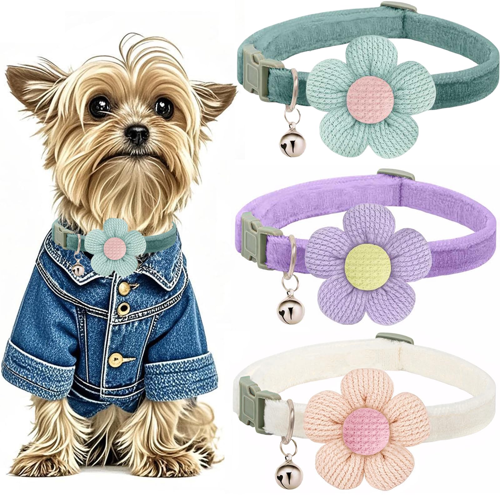 Puppy Collars, Small Dog Collars For Small Dogs With Bellxs Dog Collars For Girl Boy With Flower (White + Purple + Green)