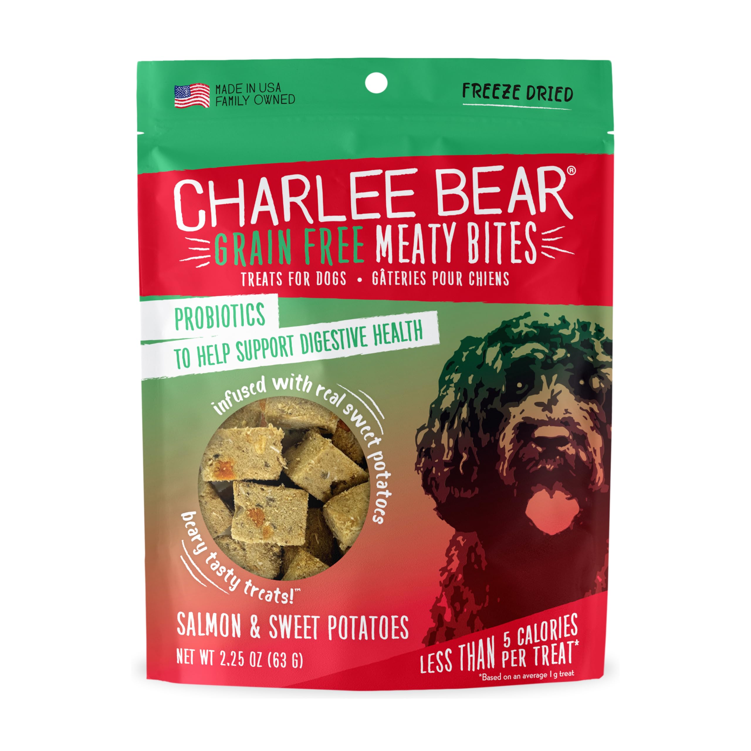 Charlee Bear Grain Free Meaty Bites Freeze Dried Dog Treats, Salmon and Sweet Potato, 2.25 Ounce Resealable Bag, Training Treats