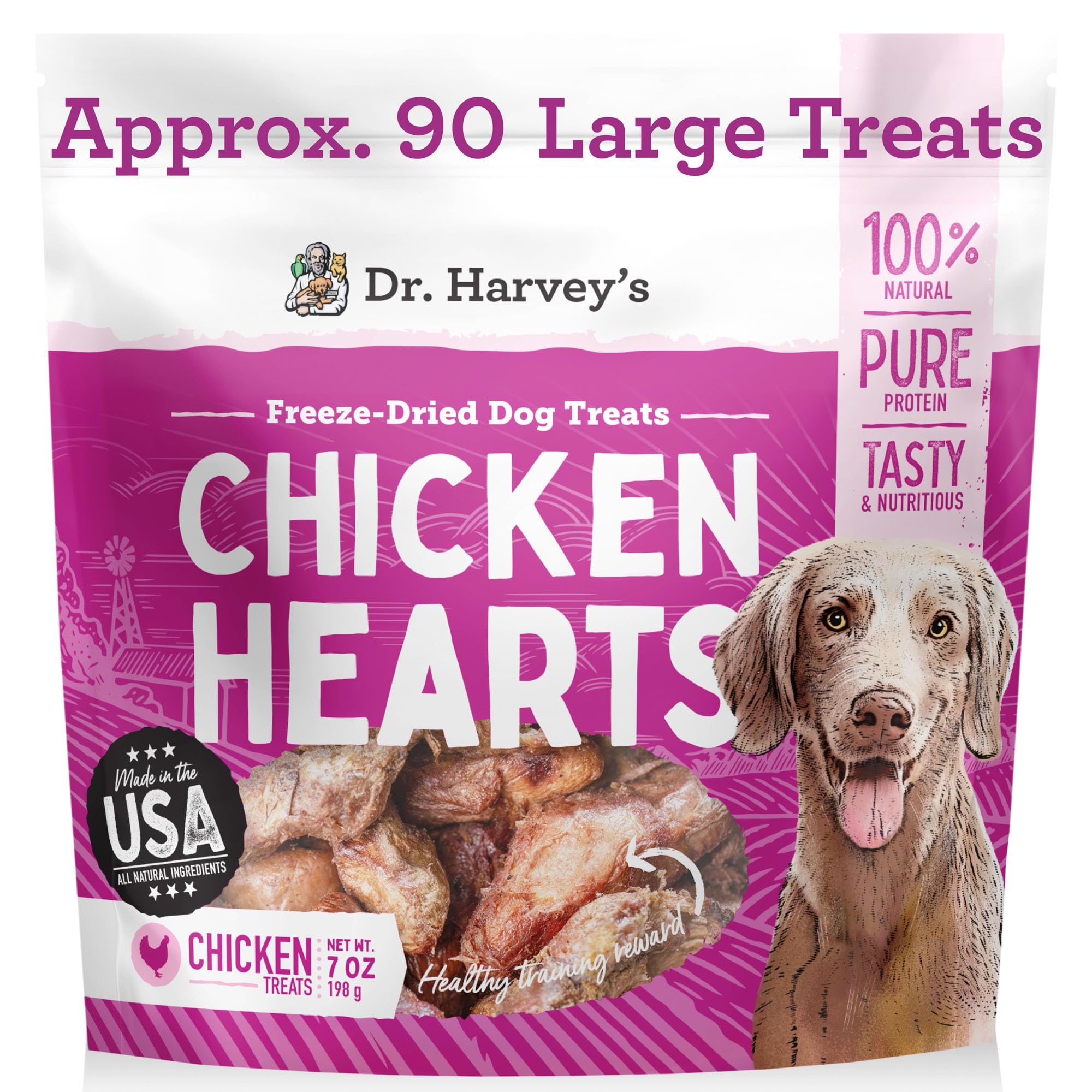 Dr. Harveys Freeze-Dried Chicken Hearts - Training Dog Treats, Single Ingredient, All-Natural USA Sourced Protein, Allergen-Fre