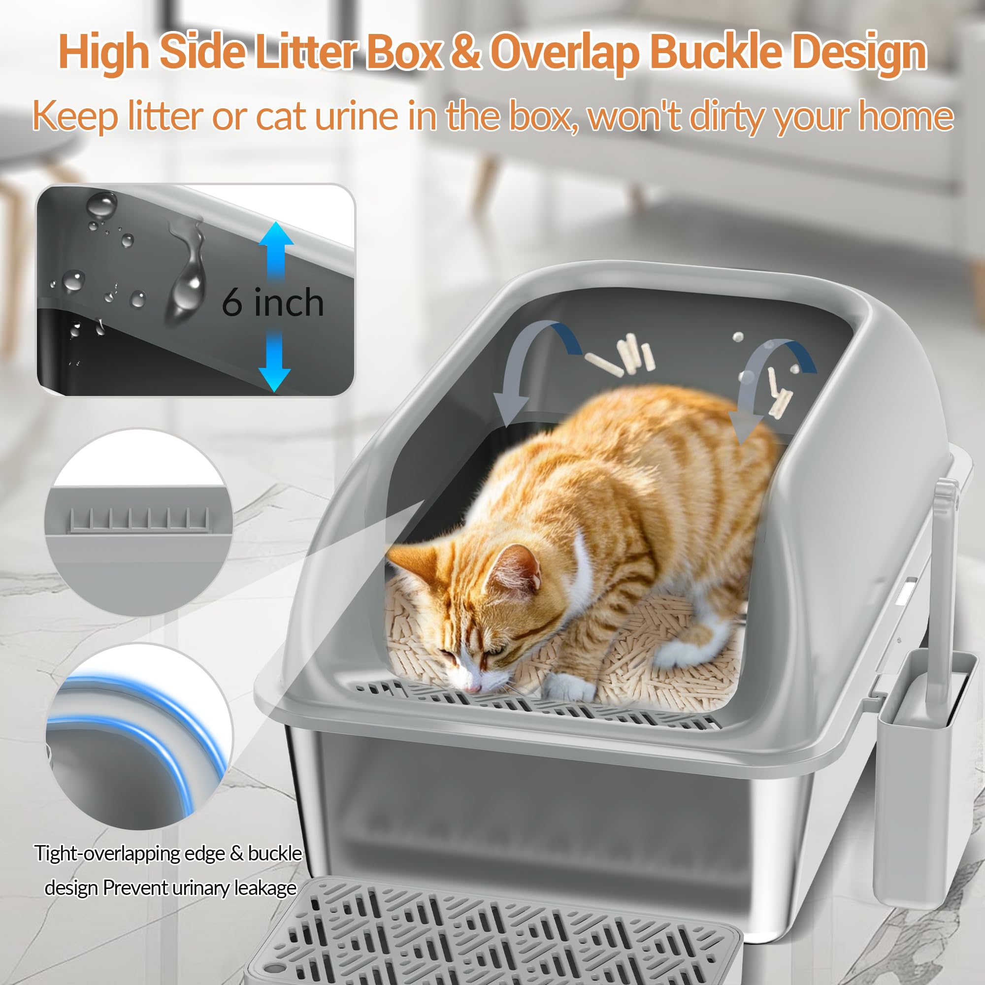 Miorcols Stainless Steel Litter Box with Lid, XL Extra Large Metal Cat Litter Box for Big Cats, High Sided Design with Scoop & P