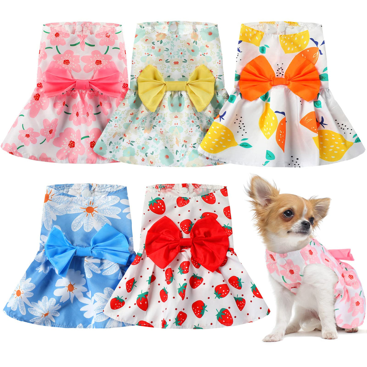 5 Pieces Cute Dog Dress Summer Pet Puppy Clothes Soft And Comfortable Pet Dog Dresses With Bow Knot For Small Pets, 5 Styles (Large)