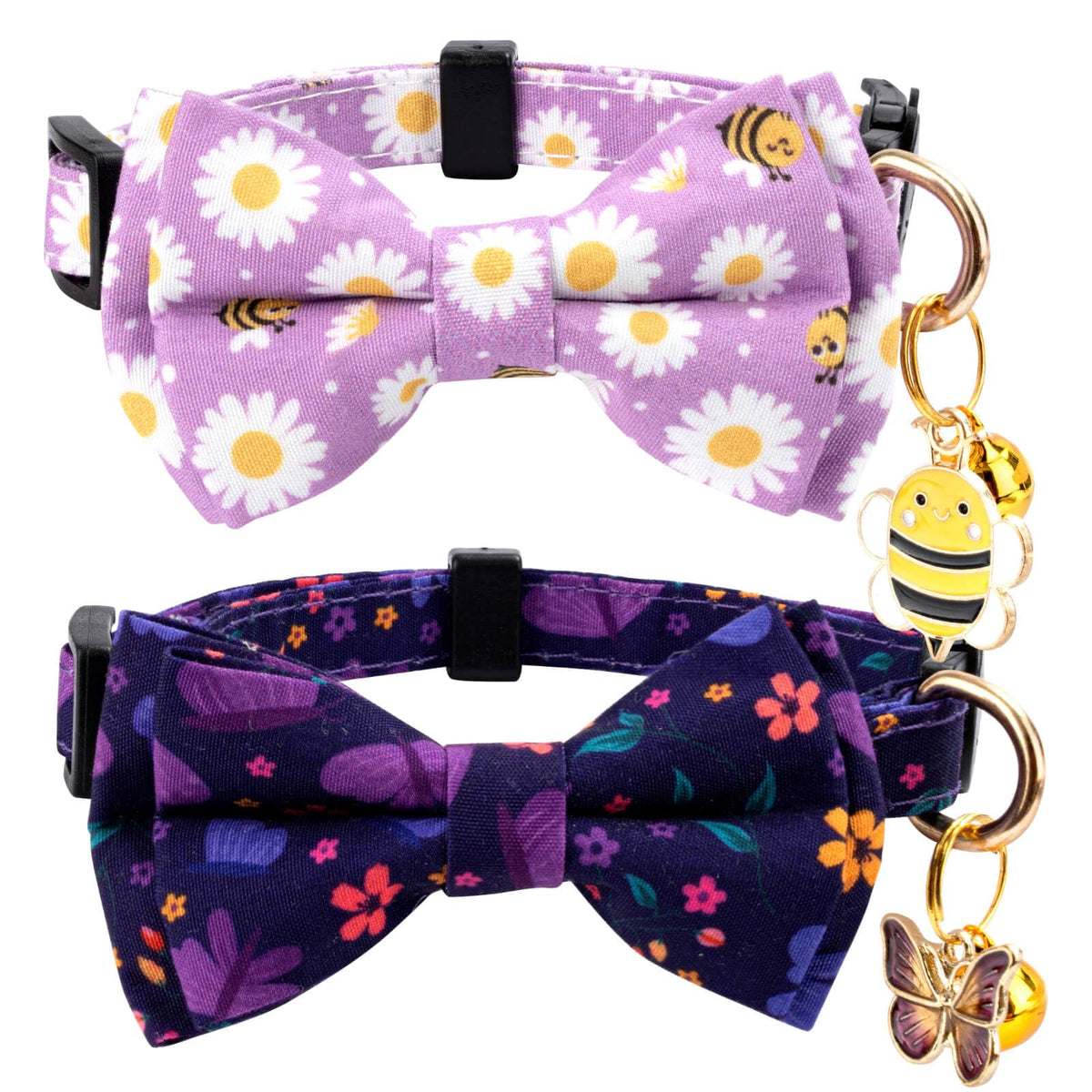 Gelwoo 2 Pack Cotton Cat Collar With Bow Tie And Bell For Male Female Cats,Soft Fancy Breakaway Kitty Kitten Collar With Bee And