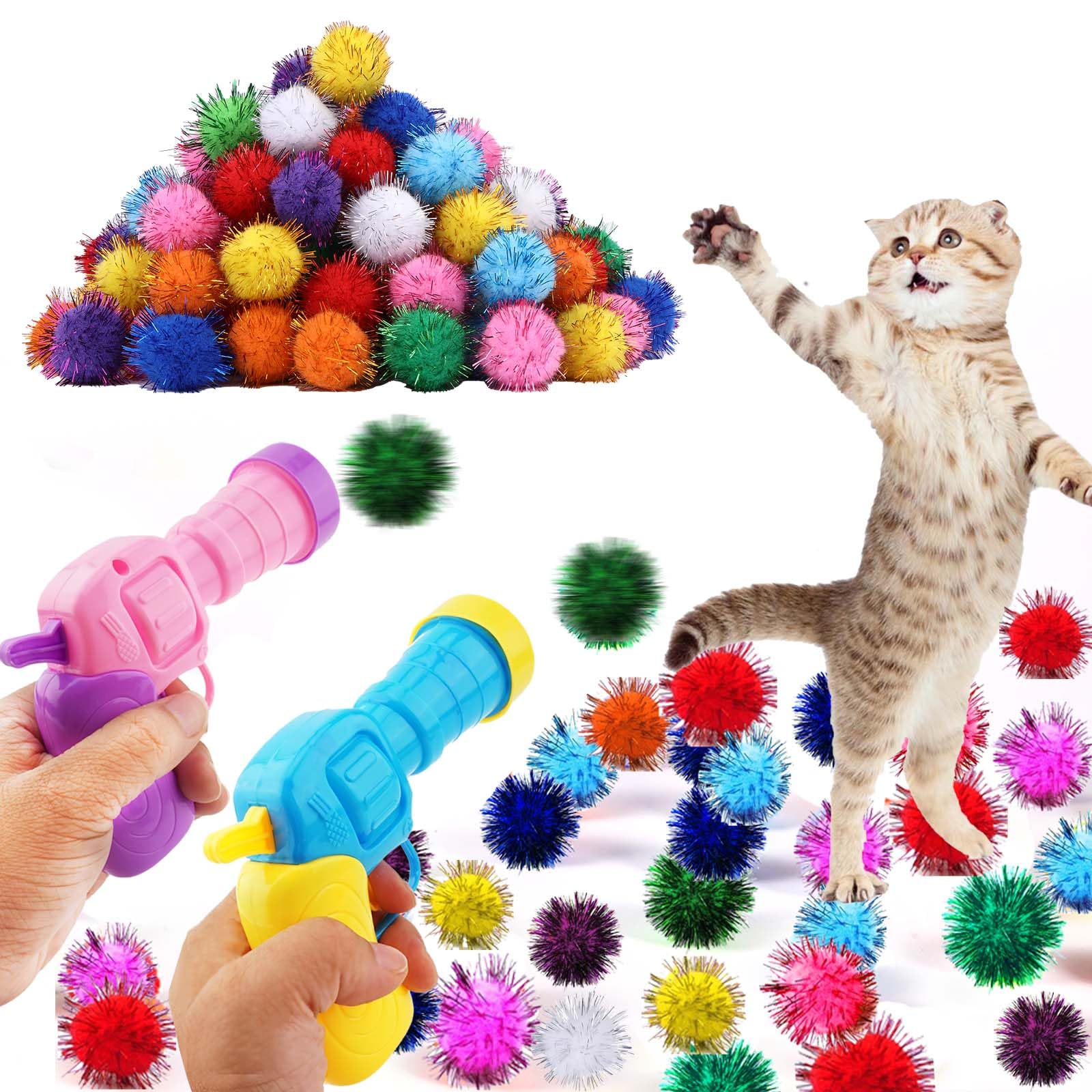 102Pcs Cat Toy Gun Launcher - 100 Sparkle Pom Pom Balls And 2 Ball Launchers, Interactive Fetch Toy Shooter For Indoor Cats And 