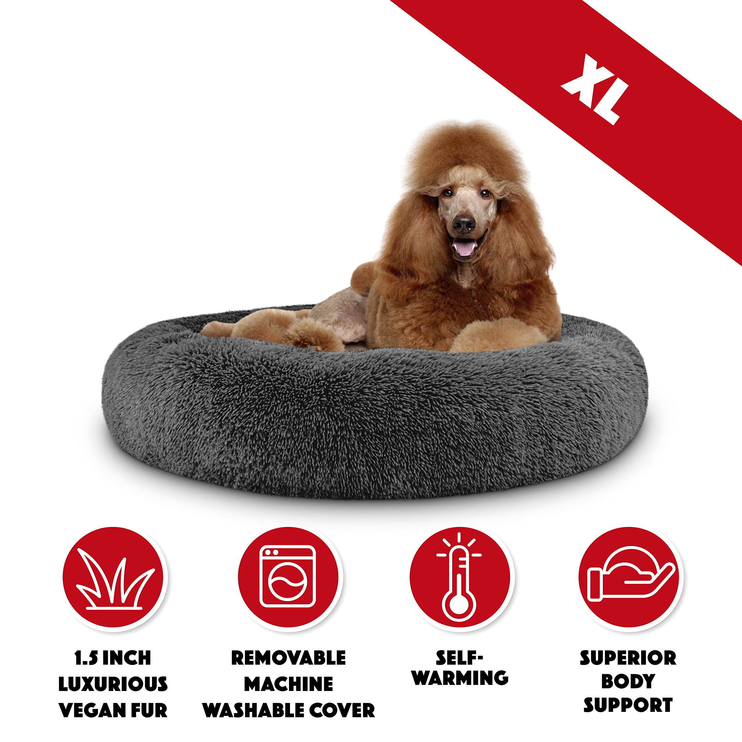 The Dogs Bed Sound Sleep Donut Dog Bed, XL Steel Grey Fur Calming Nest Bed Removable Cover, Veterinary Approved