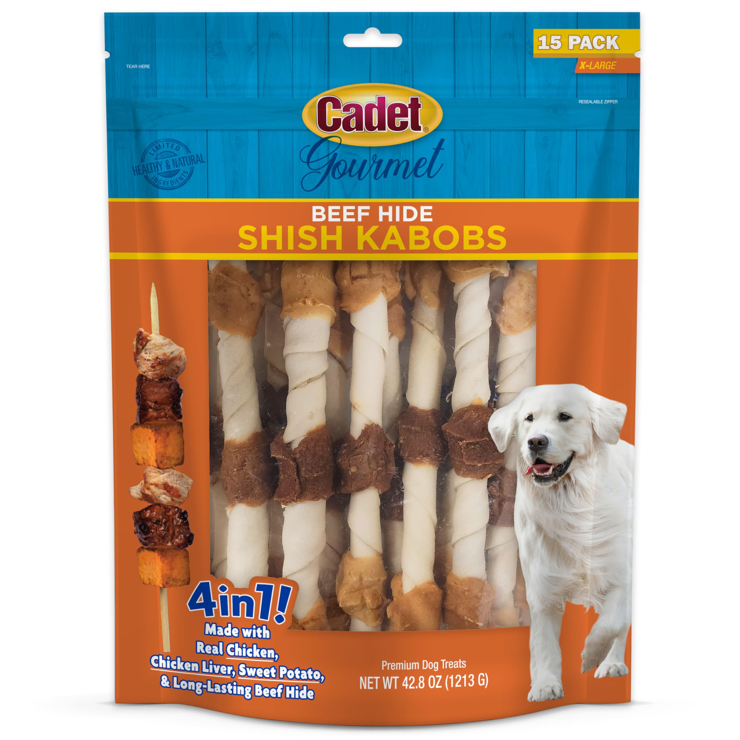 Cadet Gourmet X-Large Triple-Flavored Beef Hide Shish Kabob Dog Treats - Healthy & Natural Chicken, Liver, and Sweet Potato Dog 