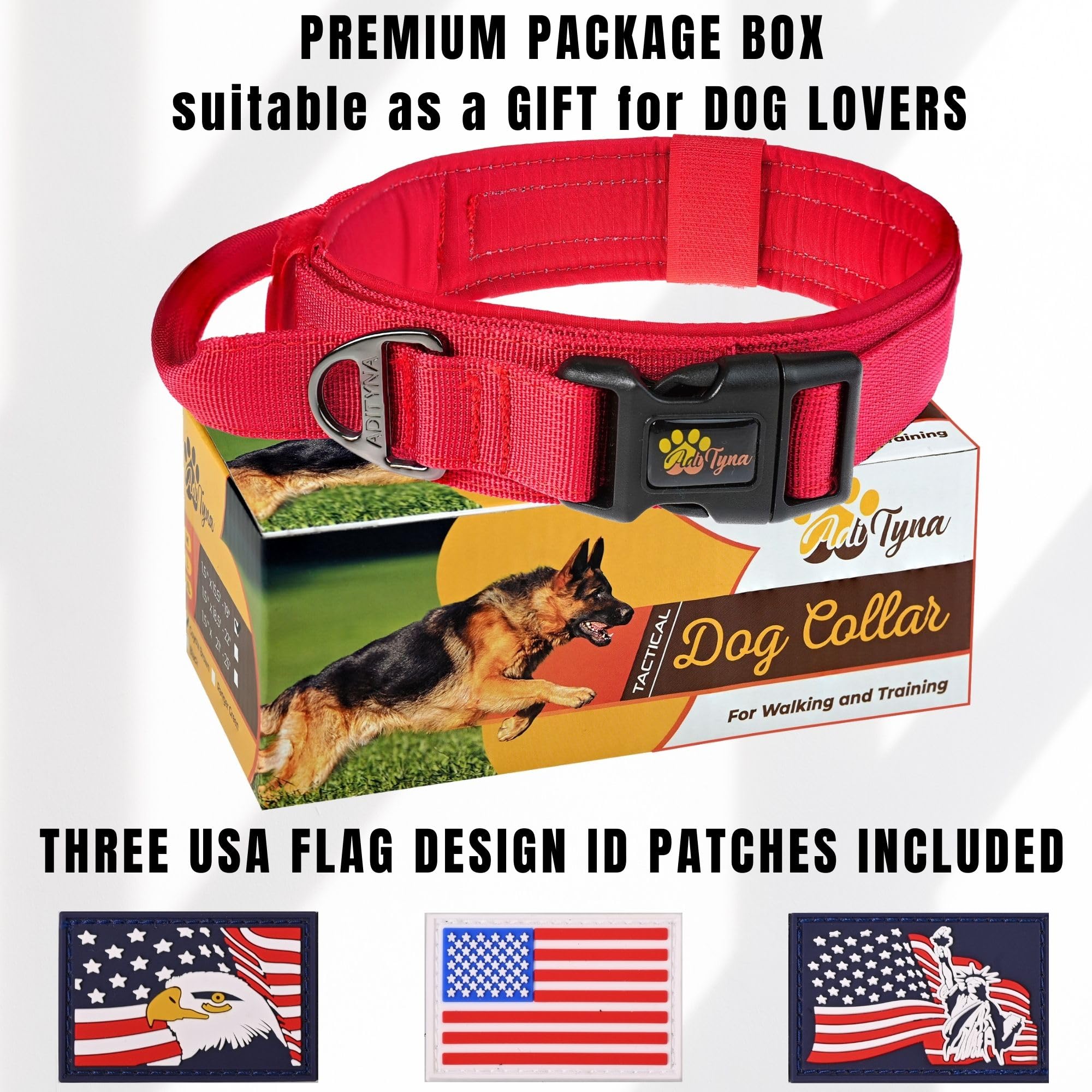 Adityna Heavy-Duty Tactical Dog Collar With Handle - Perfect Red Dog Collar For Training, Walking, Or Hunting (Large: Fit 18.5-2