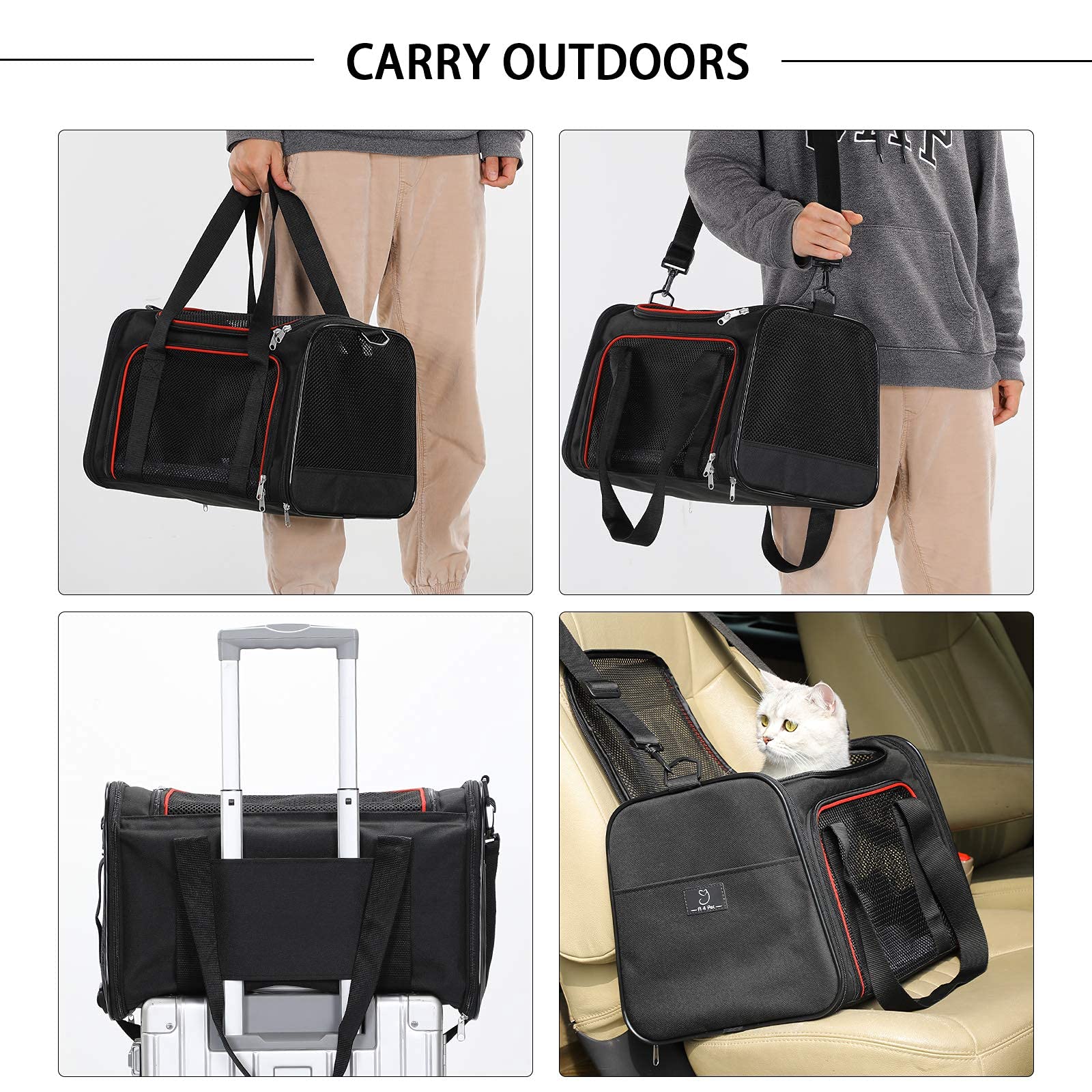 A 4 Pet Black Soft-Sided Cat Carrier - Airline Approved, Portable, Washable, Size M for Kittens, Puppies, Rabbits, and Hamsters