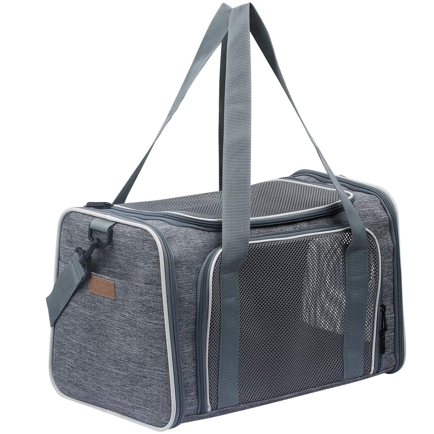 Akinerri Cat Carrier - Soft-Sided Portable Bag, Airline Approved, 19.7"x12"x12", Light Grey, Model PET-0481, Up to 28 Lbs