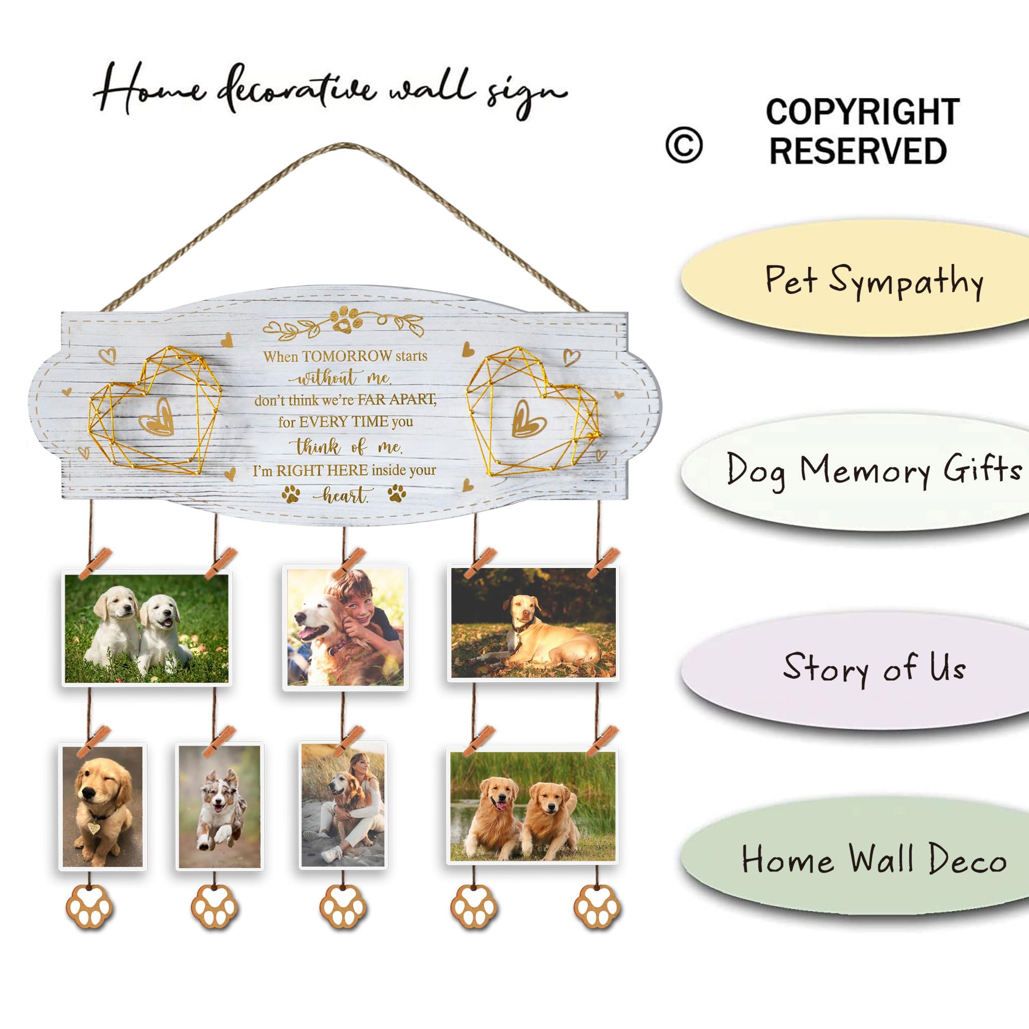 Exquideca White Golden Memorial Picture Collage Board With Clips Twine And Paw Pendant - Bereavement Sympathy Grieving Gifts For