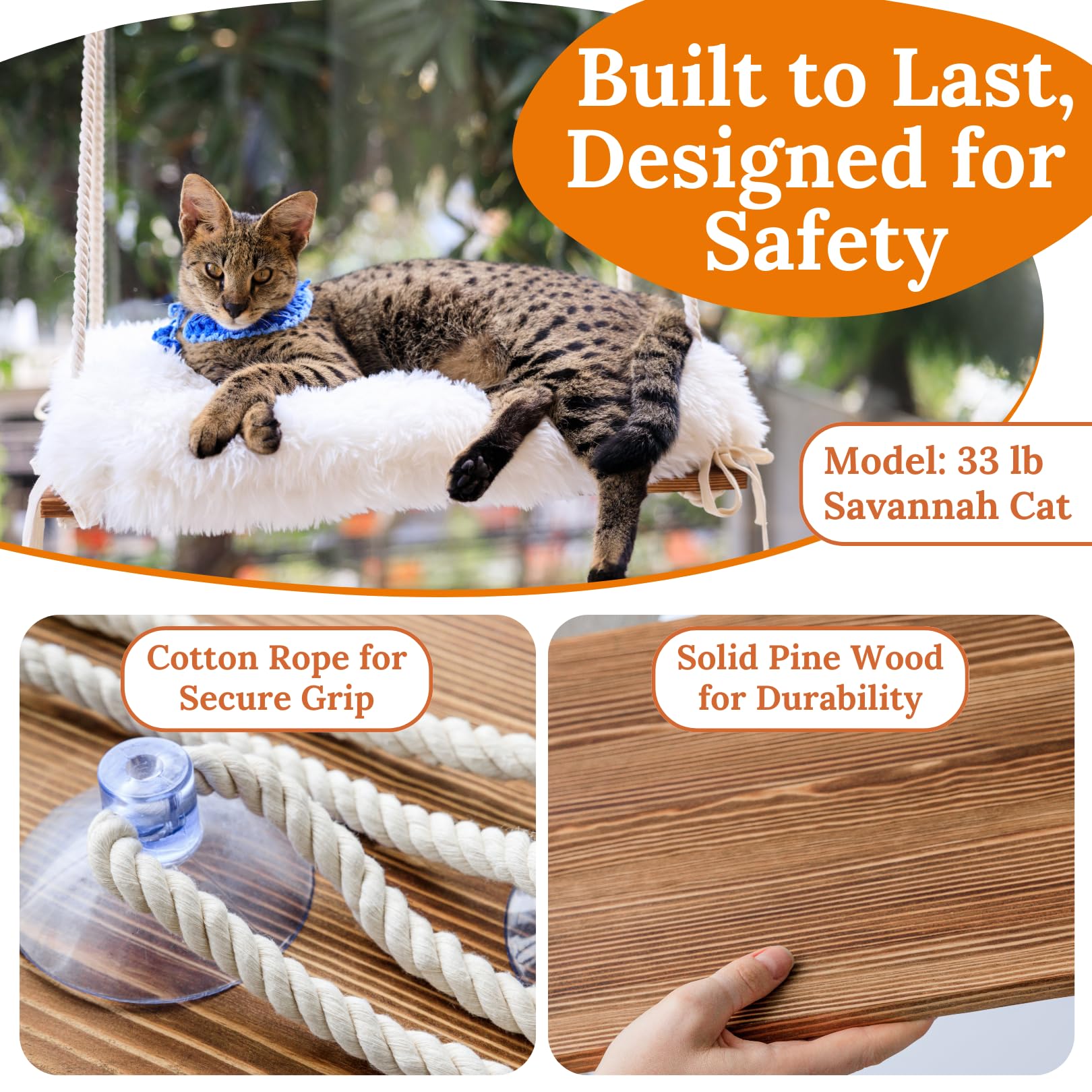 Cat Window Perch For Large Cats - Hammock Bed For Heavy Indoor Cats - Solid Wood Seat, 5 Strong Suction Cups, Soft Cushion - Rus