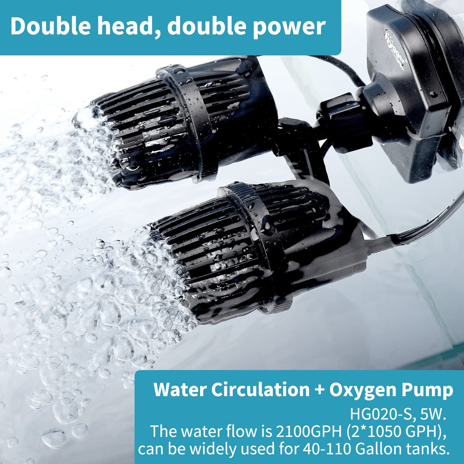 Hygger 2100Gph Double Head Aquarium Wave Maker, Quiet 5W Aquarium Circulation Pump, With Strong Magnetic Suction Base, 360Adjust