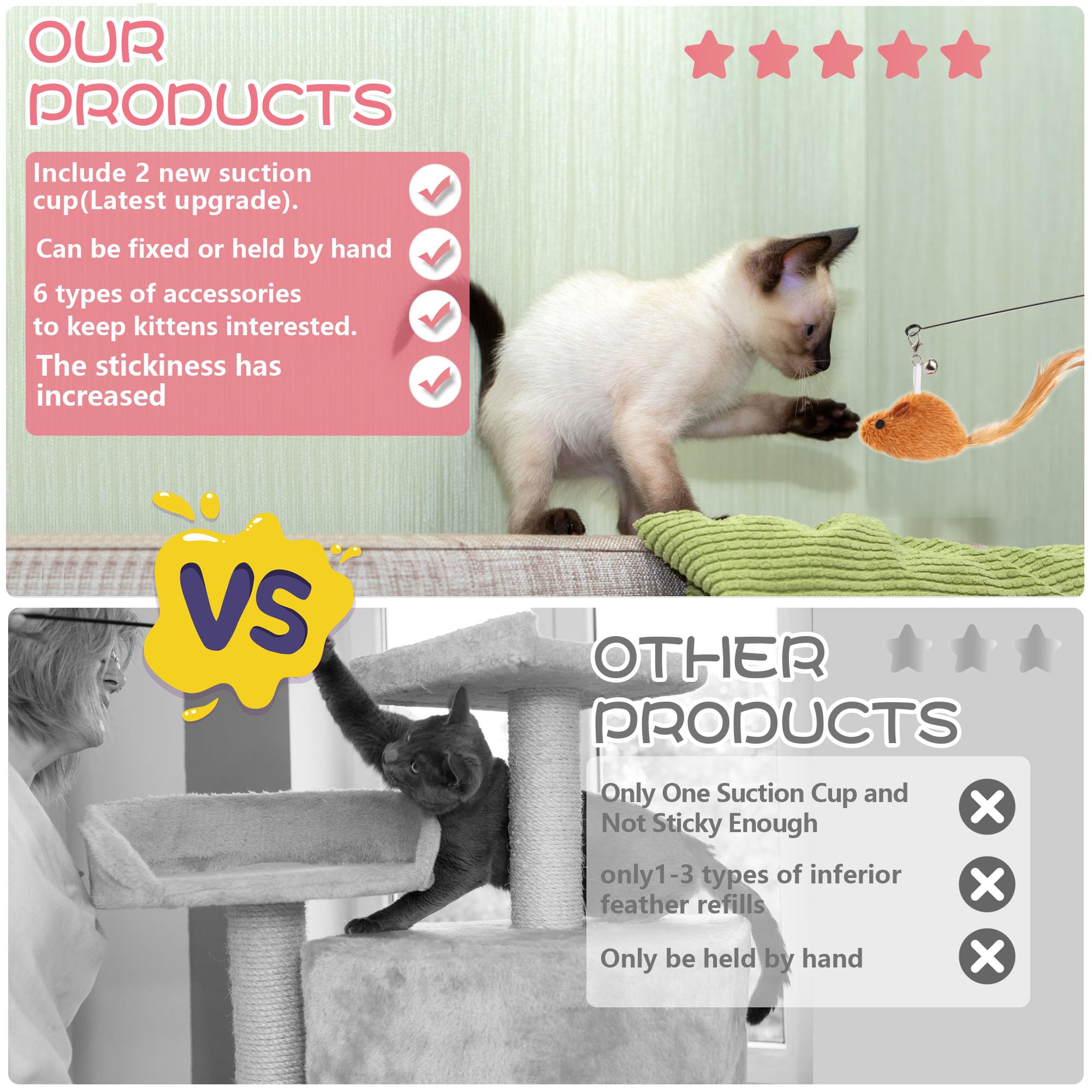 Maiguangta Interactive Bird Simulation Cat Toy Set,Cat Wand Toys,Wand Self-Holding Suction Cups Base,Include Detachable 6 Pcs Re