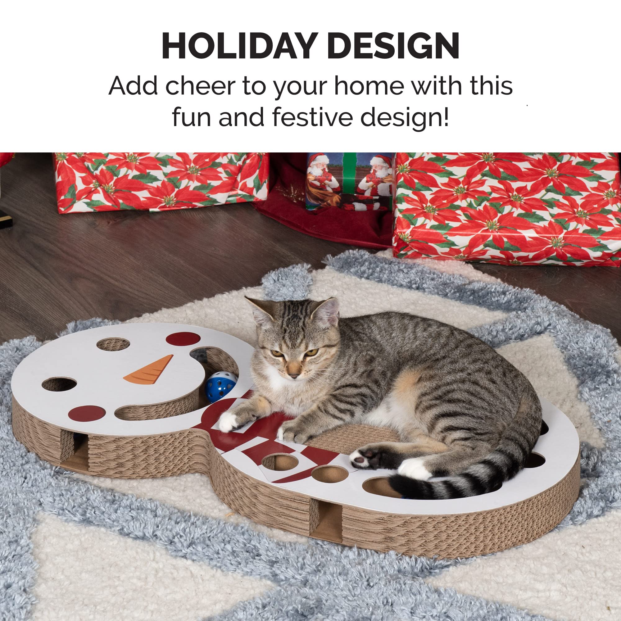 Furhaven Scratching Pad Ball Track Cat Toy W/ Catnip For Indoor Cats - Giant Snow Man Holiday Corrugated Busy Box Scratcher - White, One Size