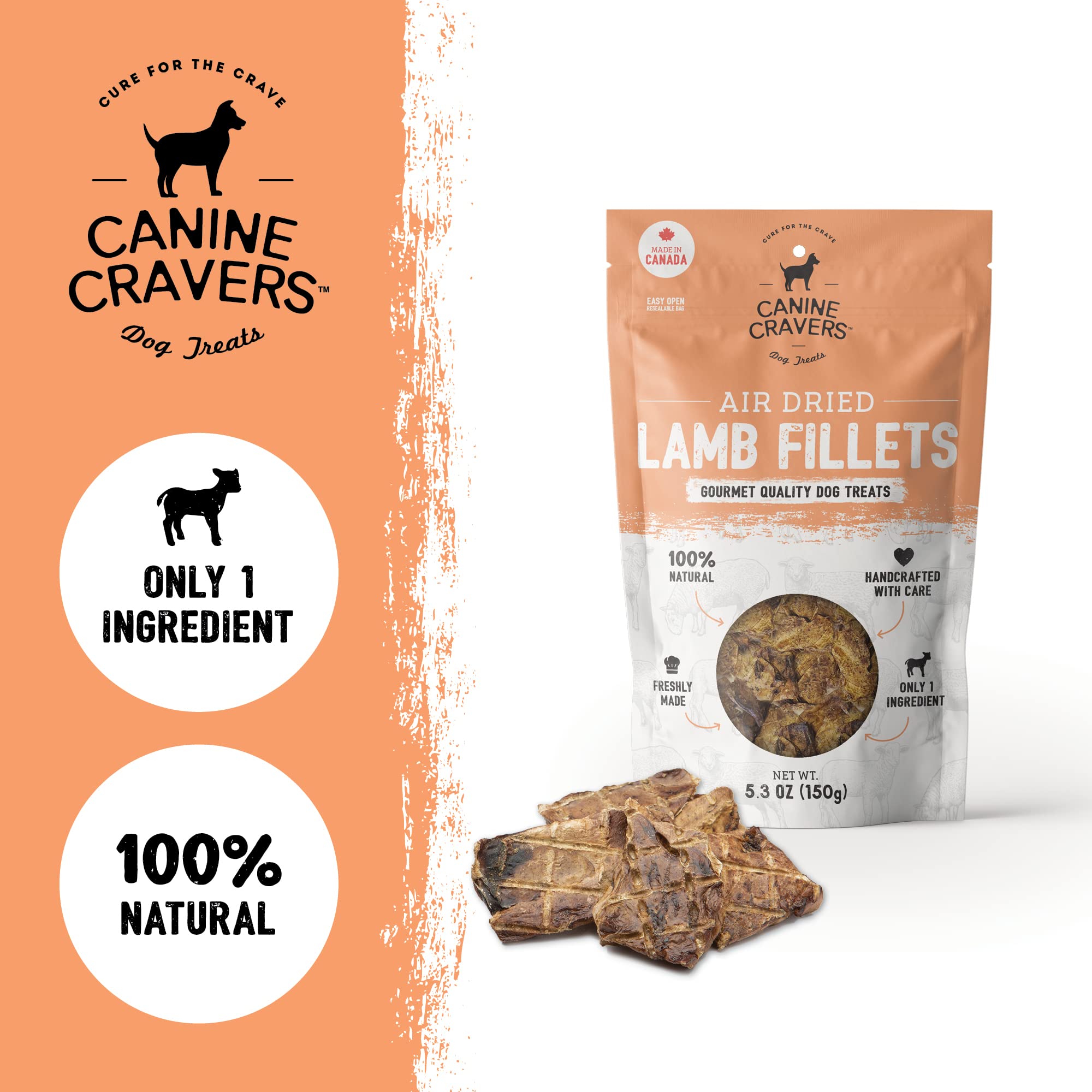 Canine Cravers Single Ingredient Dog Treats - Premium Lamb Fillets - Human Grade Air Dried Hypoallergenic Pet Food - Grain, Glut