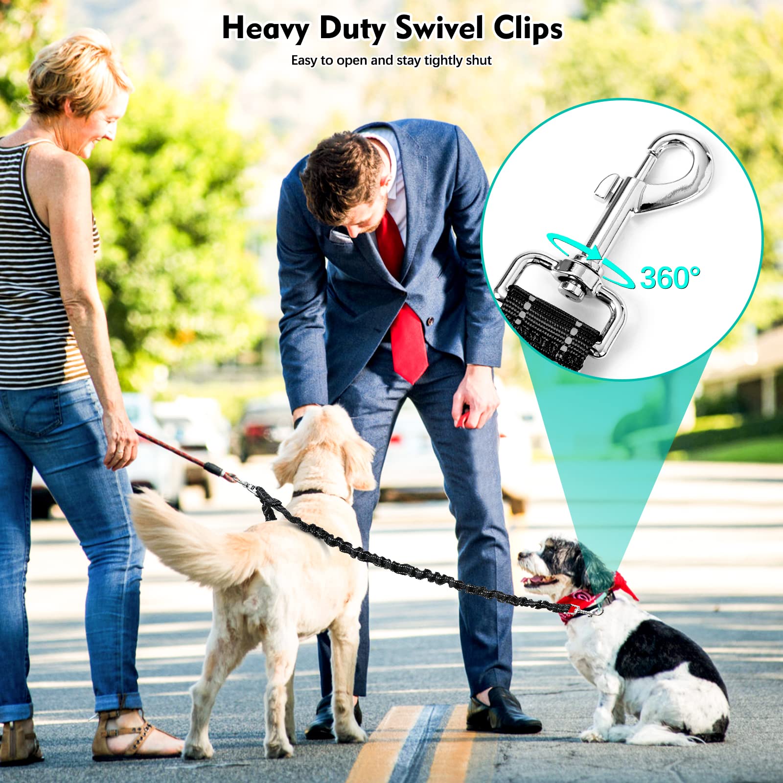 2 Dog Leash, 360° Swivel No Tangle Double Dog Walking & Training Leash, Comfortable Shock Absorbing Reflective Bungee Lead Walk 2 Dogs With Ease