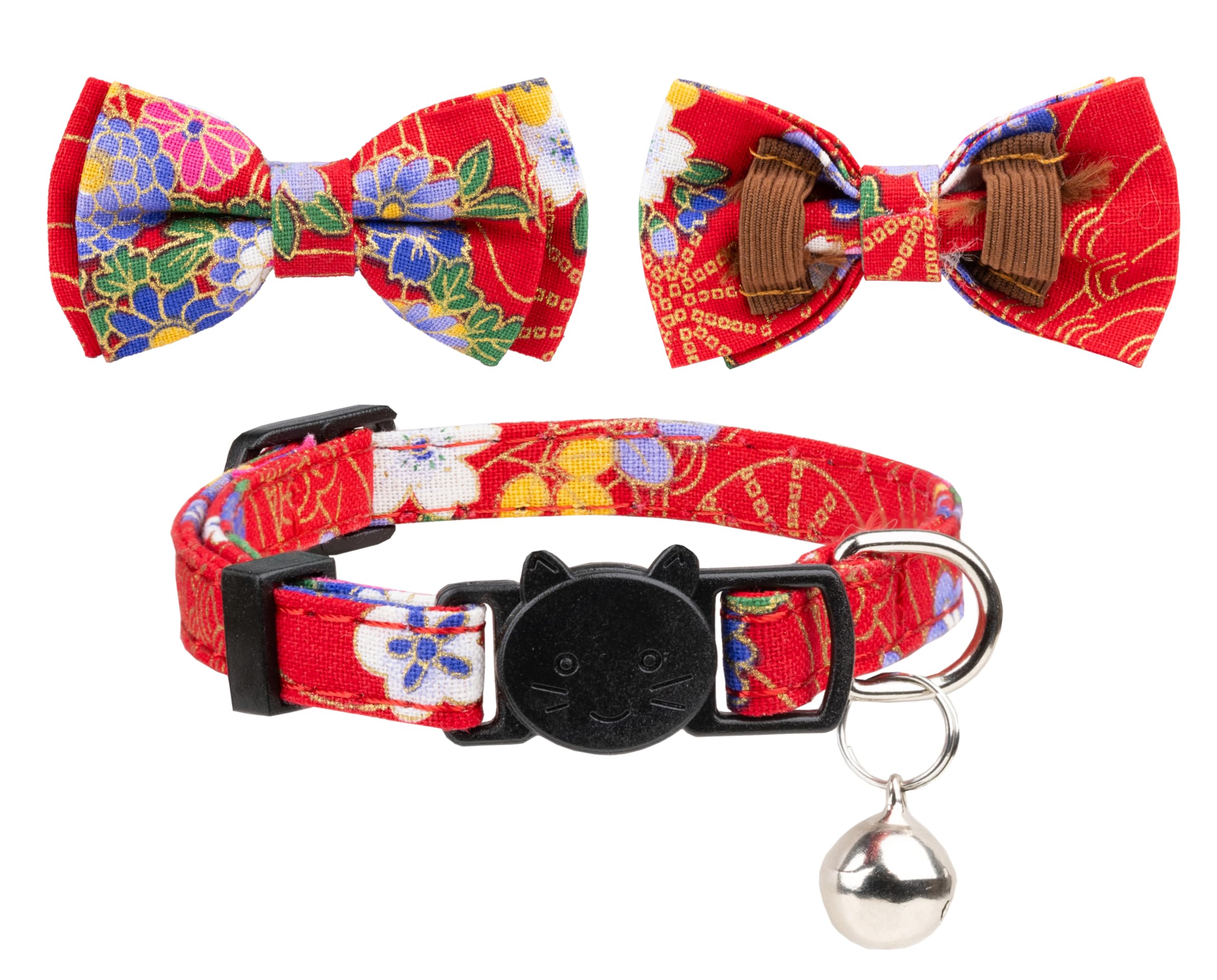 Gyapet Collar For Cat Pet Breakaway With Bell Bowtie Detachable Bow Adjustable Safety Kitten Puppy Girl Boy 2Pcs Navy Blue & Red
