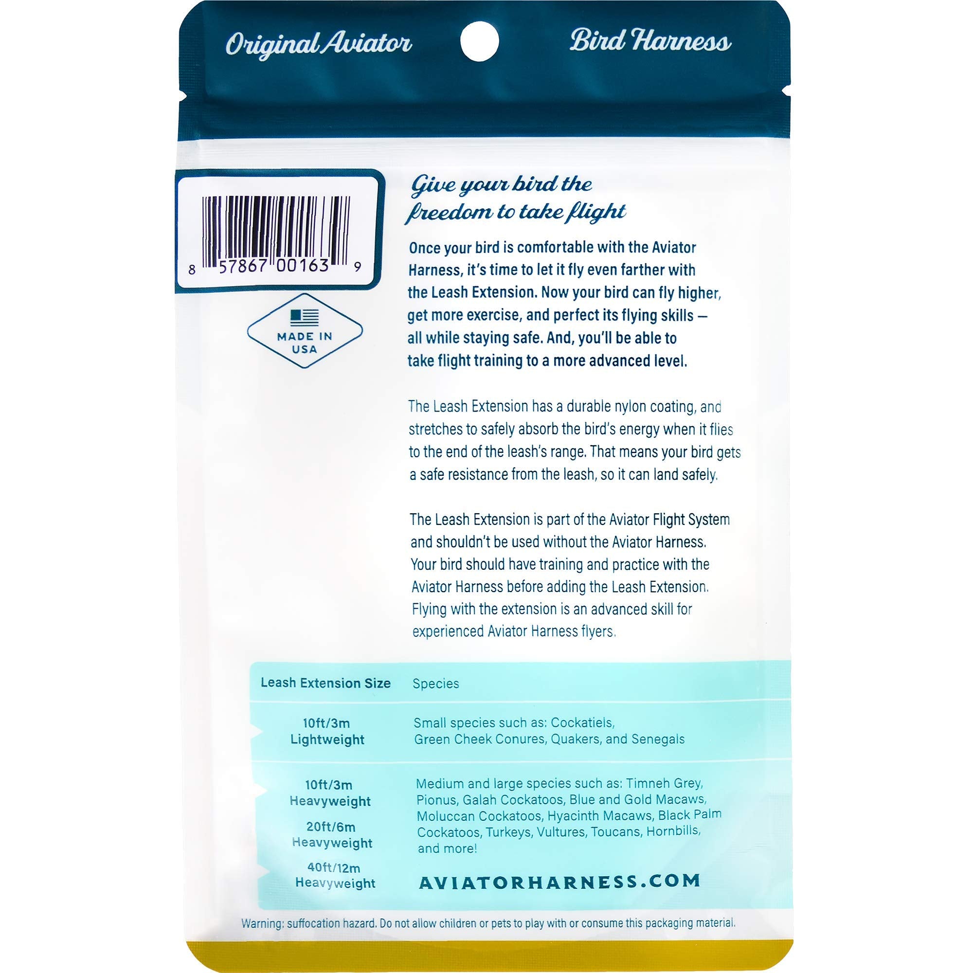 The Aviator Bird Harness Leash Extension: 10 Foot/3 Meter For Petite And X-Sm.