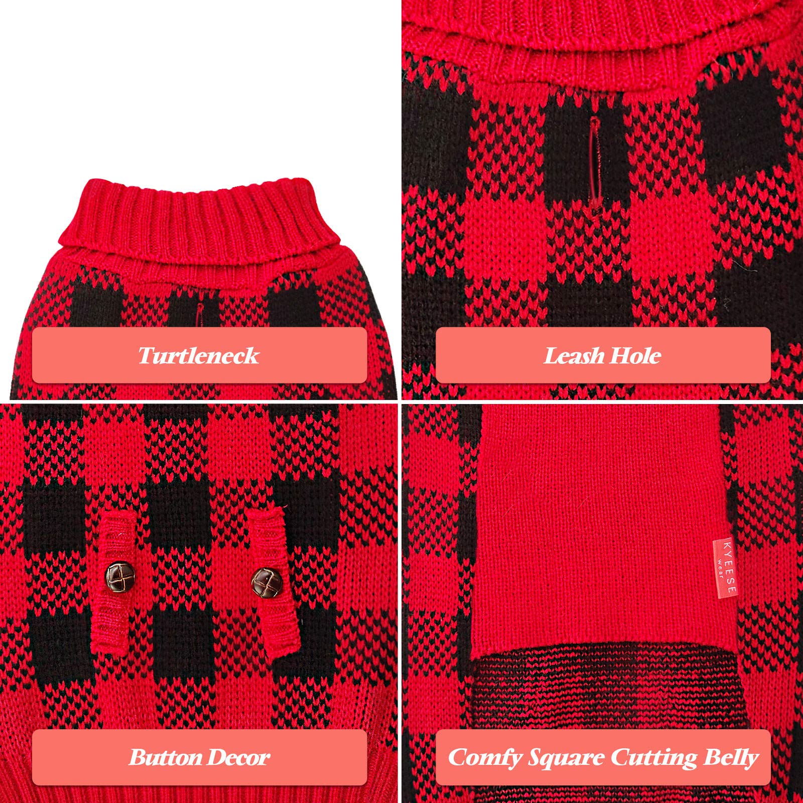 Kyeese Christmas Dog Sweater For Small Dogs Buffalo Check With Leash Hole Turtleneck Dog Cable Knit Dogs Sweaters Pullover For C
