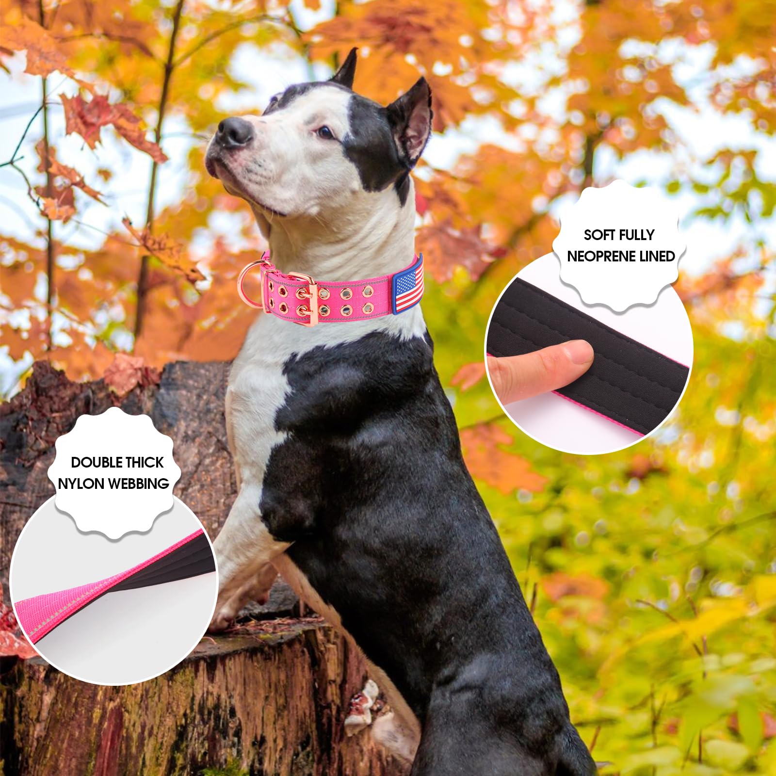Yunleparks Heavy Duty Tactical Dog Collar With Neoprene Padded And Metal Buckle, Reflective Nylon For Medium To Large Dogs(Pink,