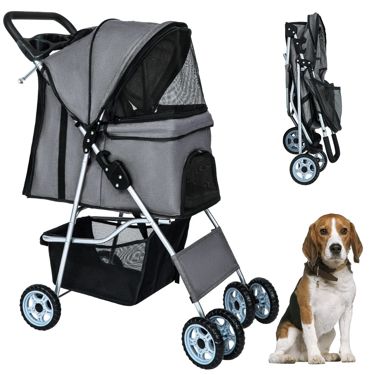 Bestpet 4Wheels Pet Stroller Dog Cat Jogger Stroller For Medium Small Dogs Cats Folding Lightweight Travel Stroller With Cup Hol