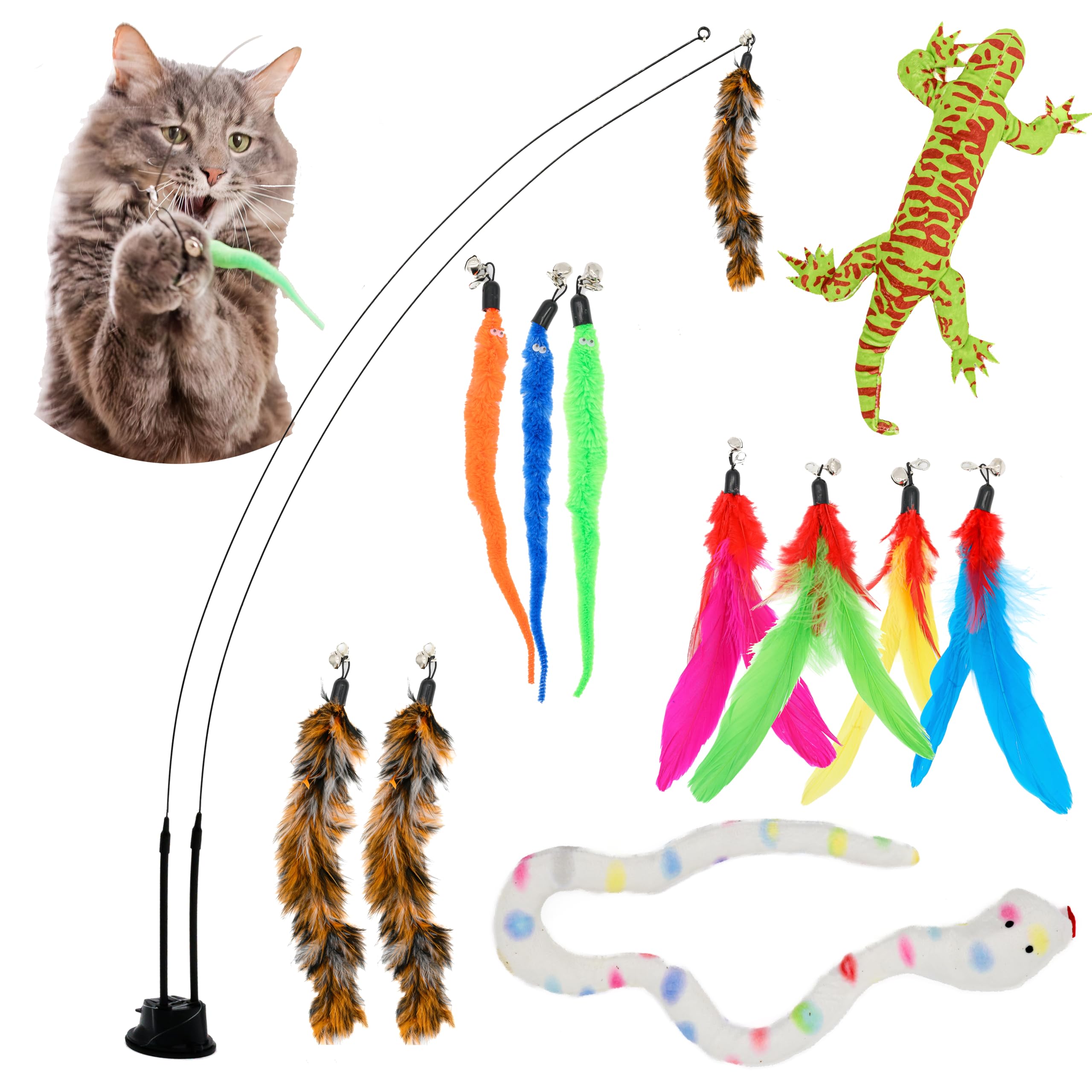 Cat Wand Toy With Suction Cups Interactive Feather Teaser Wand With Worms & Catnip Lizard Snake Chew Toys Cat Toys For Indoor Ca