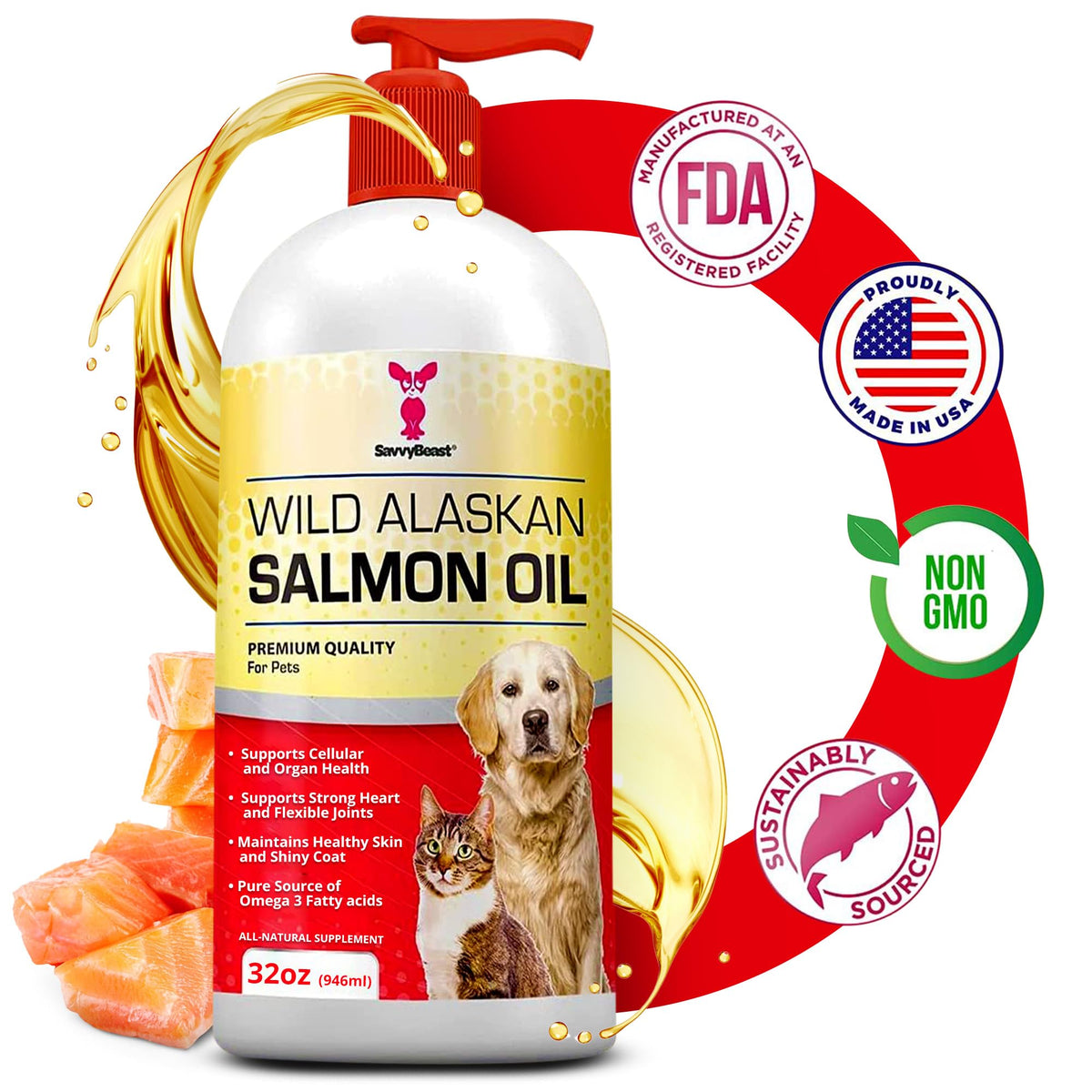 Pure Wild Alaskan Salmon Oil For Dogs, Cats, Ferrets - 32 Oz Liquid Omega 3 Fish Oil, Pump On Food - Unscented All Natural Supplement For Skin And Coat, Joints, Heart, Brain, Allergy, Weight, Immune